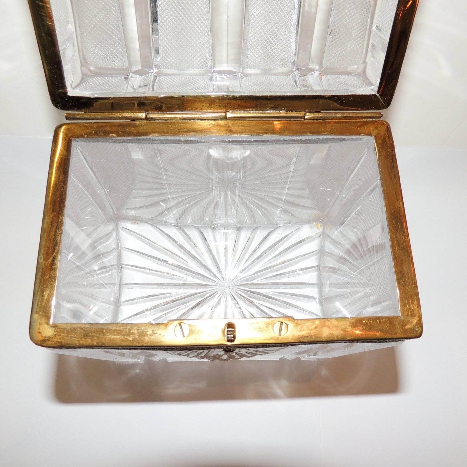 Wonderful French Faceted Etched Crystal Bronze Ormolu Mounted Casket Jewelry Box 2