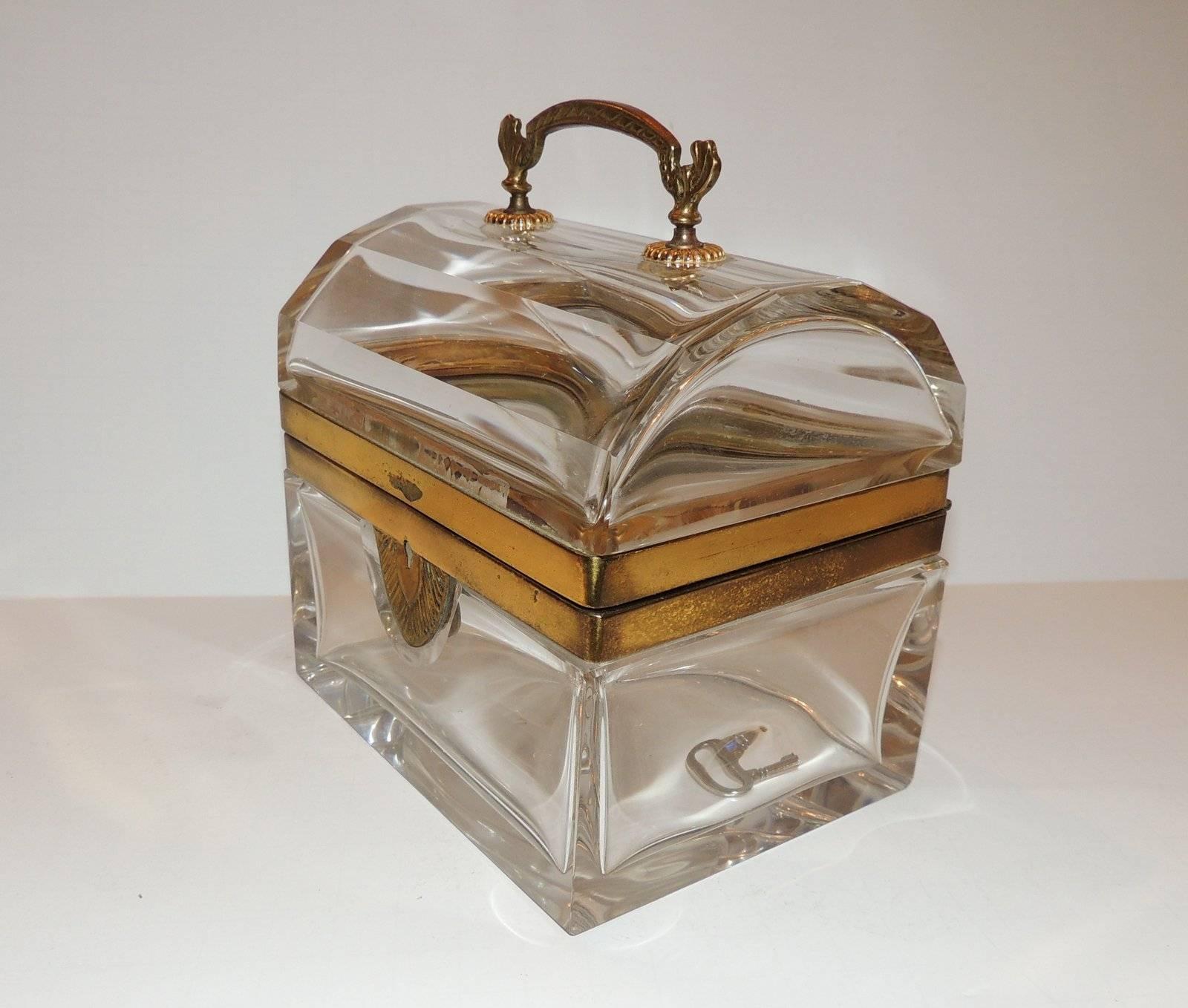 Belle Époque Beautiful French Dome Handled Clear Crystal Glass Doré Bronze Casket Jewelry Box