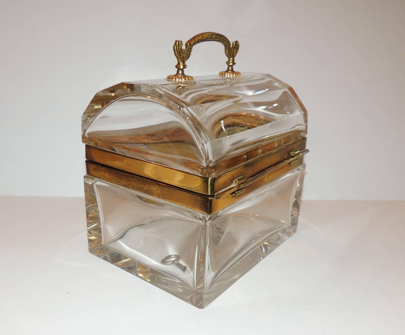 Gilt Beautiful French Dome Handled Clear Crystal Glass Doré Bronze Casket Jewelry Box