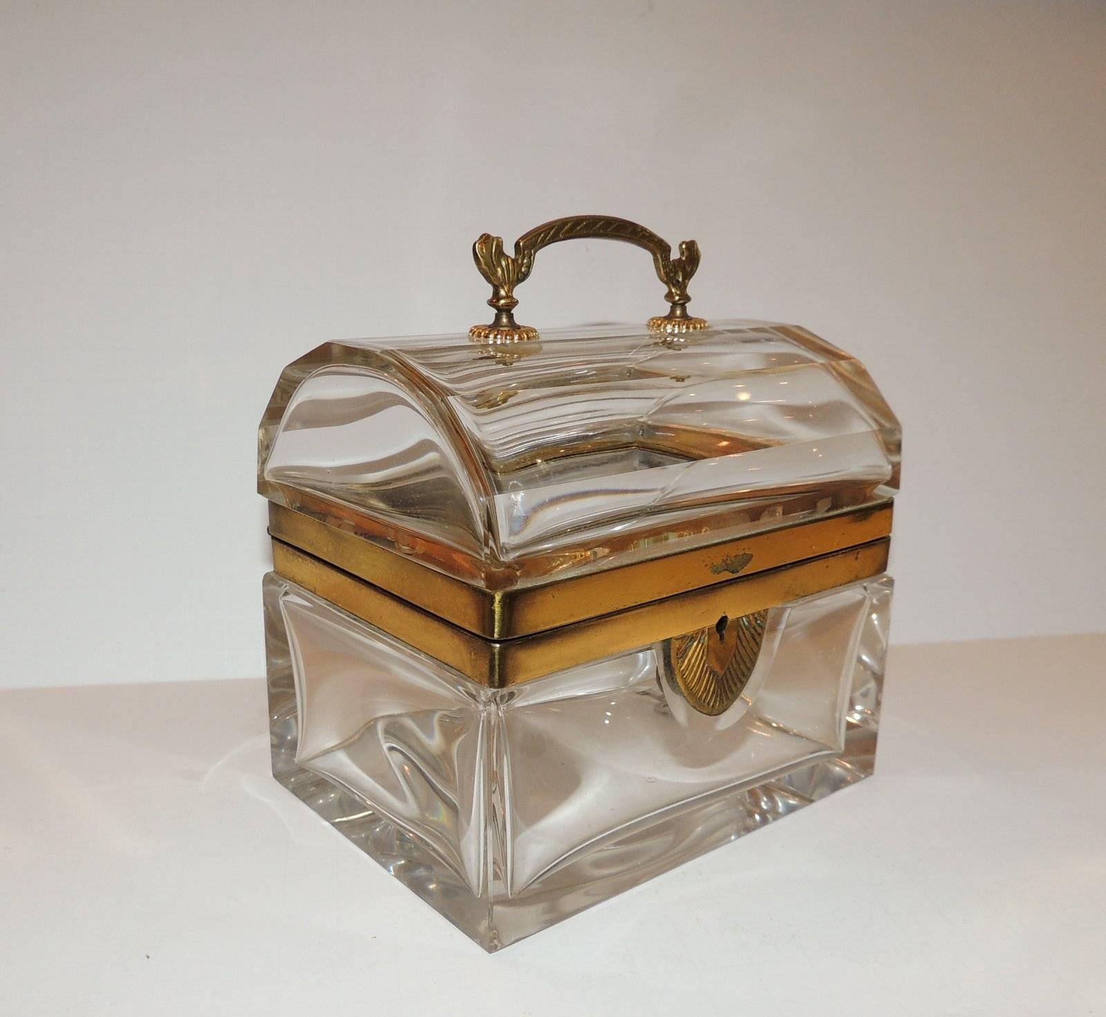 Mid-20th Century Beautiful French Dome Handled Clear Crystal Glass Doré Bronze Casket Jewelry Box