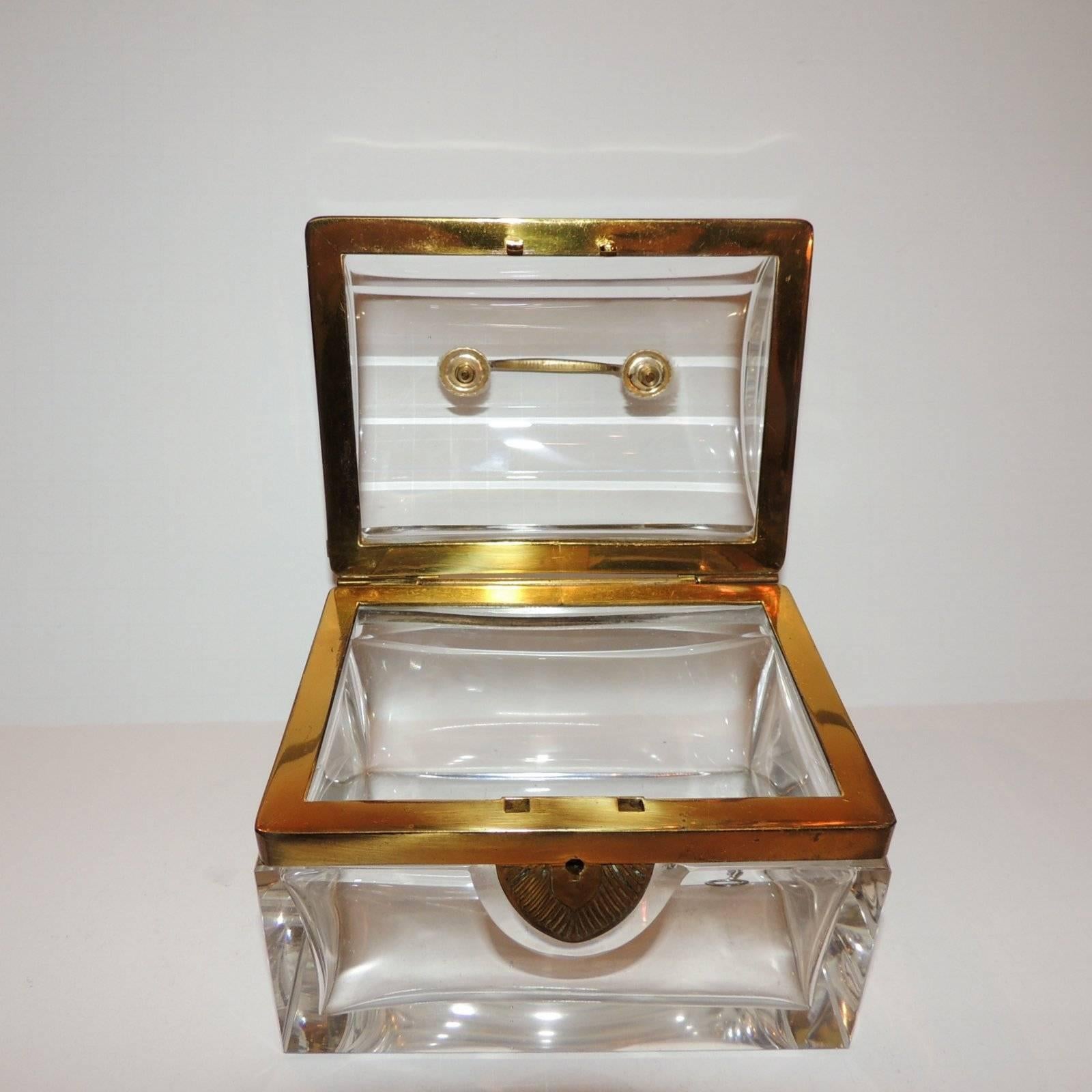 Beautiful French Dome Handled Clear Crystal Glass Doré Bronze Casket Jewelry Box 1