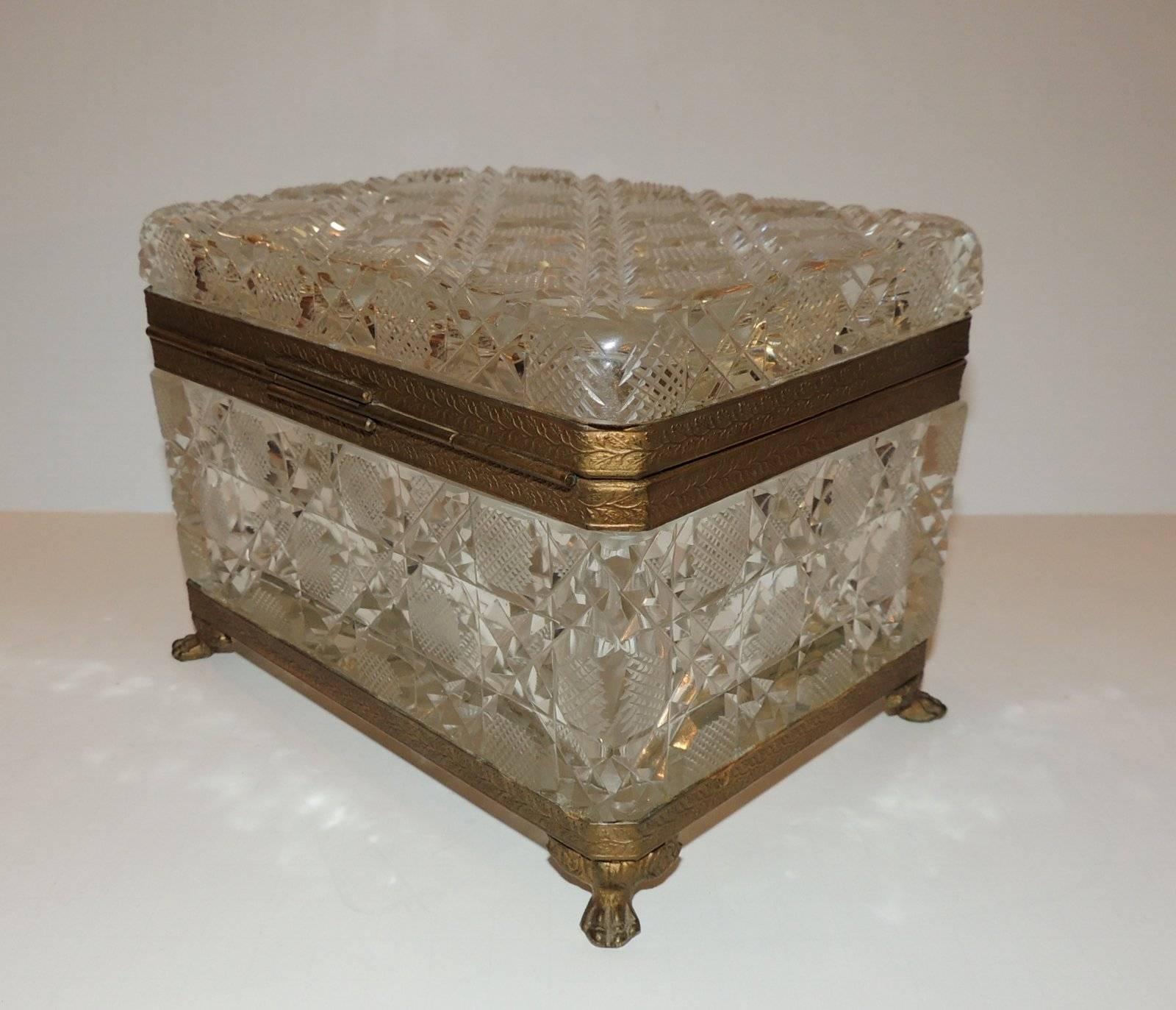Gilt Wonderful French Faceted Crystal Bronze Ormolu-Mounted Footed Casket Jewelry Box
