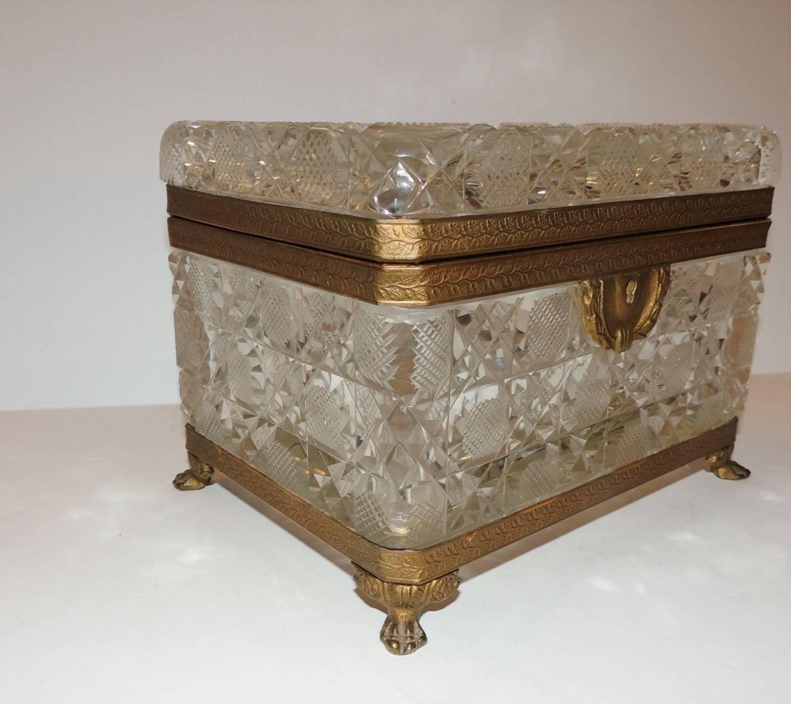 Wonderful French Faceted Crystal Bronze Ormolu-Mounted Footed Casket Jewelry Box In Good Condition In Roslyn, NY