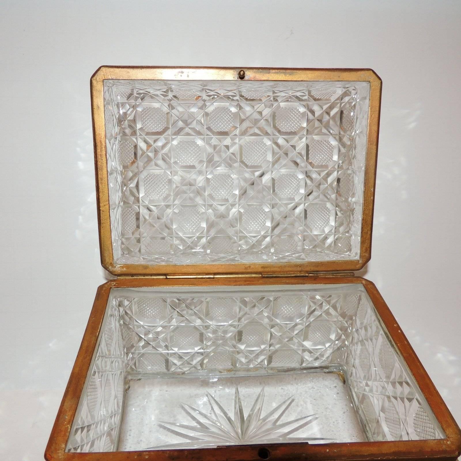 Mid-20th Century Wonderful French Faceted Crystal Bronze Ormolu-Mounted Footed Casket Jewelry Box