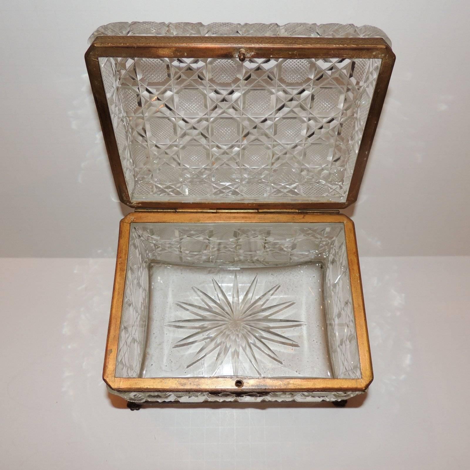 Wonderful French Faceted Crystal Bronze Ormolu-Mounted Footed Casket Jewelry Box 1