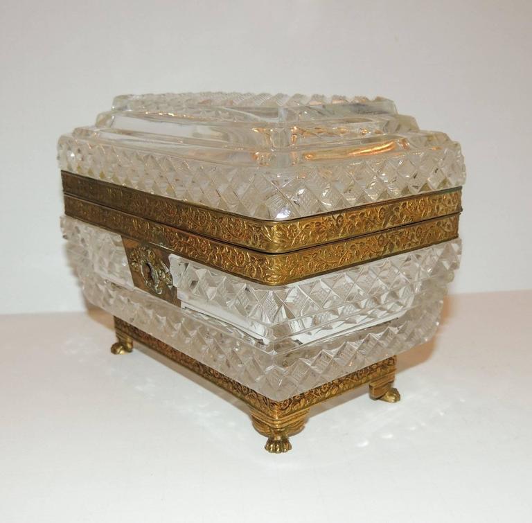 French Pair of Cut Crystal Bronze Ormolu Footed Mounted Casket Jewelry