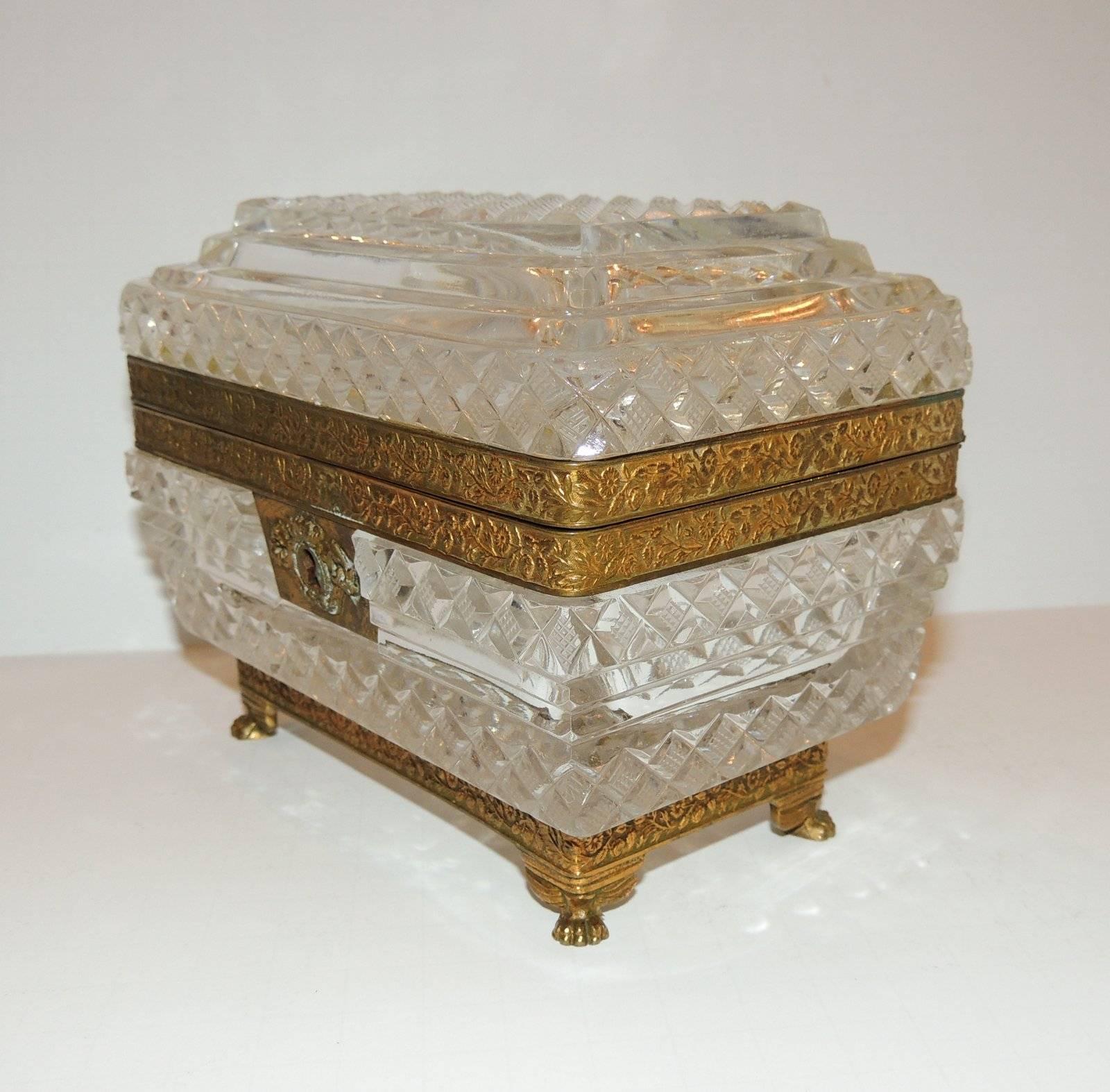 Neoclassical French Pair of Cut Crystal Bronze Ormolu Footed Mounted Casket Jewelry Box