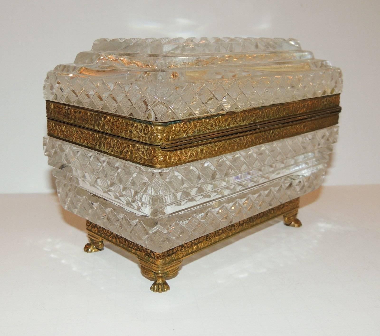 Faceted French Pair of Cut Crystal Bronze Ormolu Footed Mounted Casket Jewelry Box