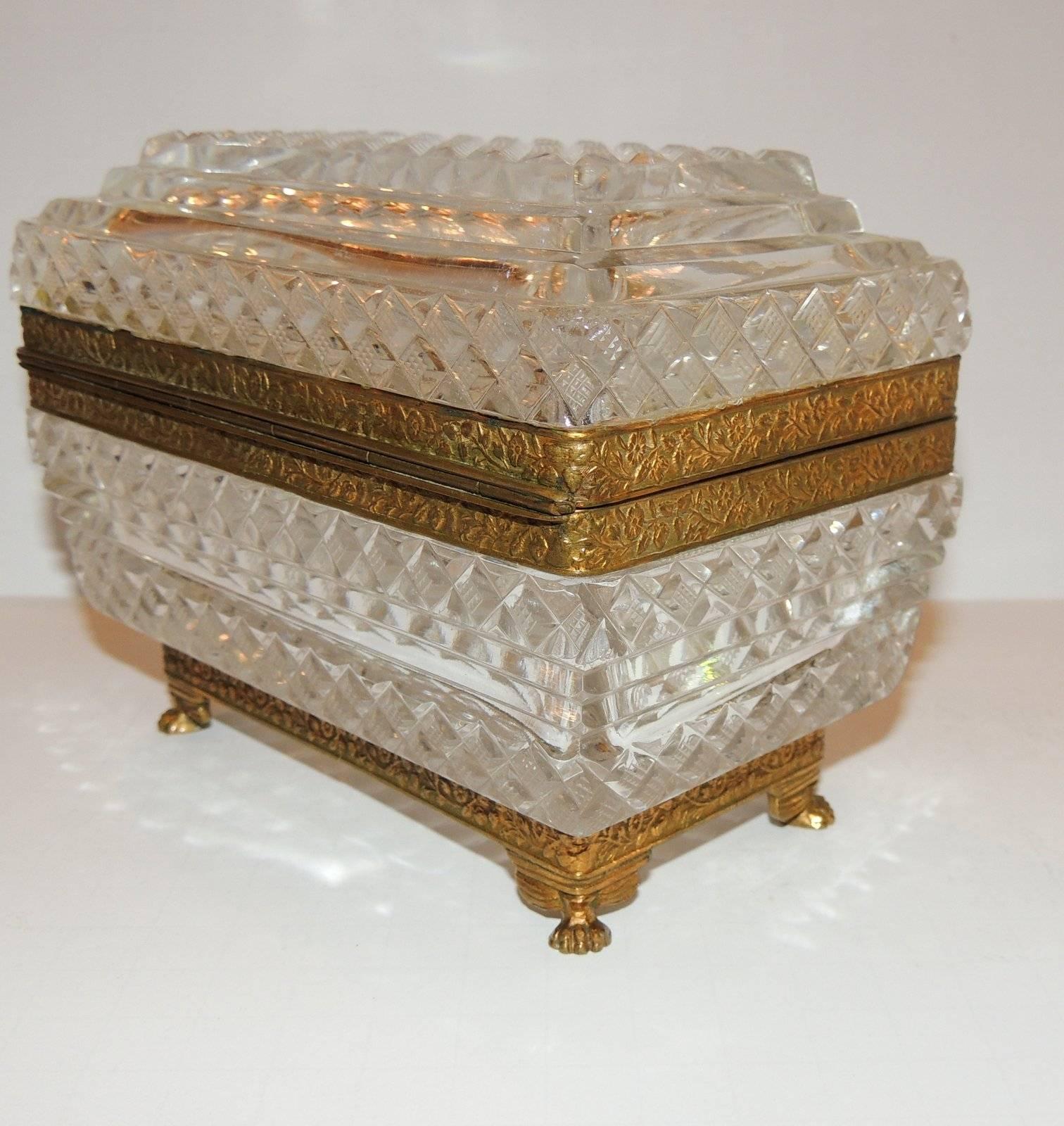 French Pair of Cut Crystal Bronze Ormolu Footed Mounted Casket Jewelry Box In Good Condition In Roslyn, NY