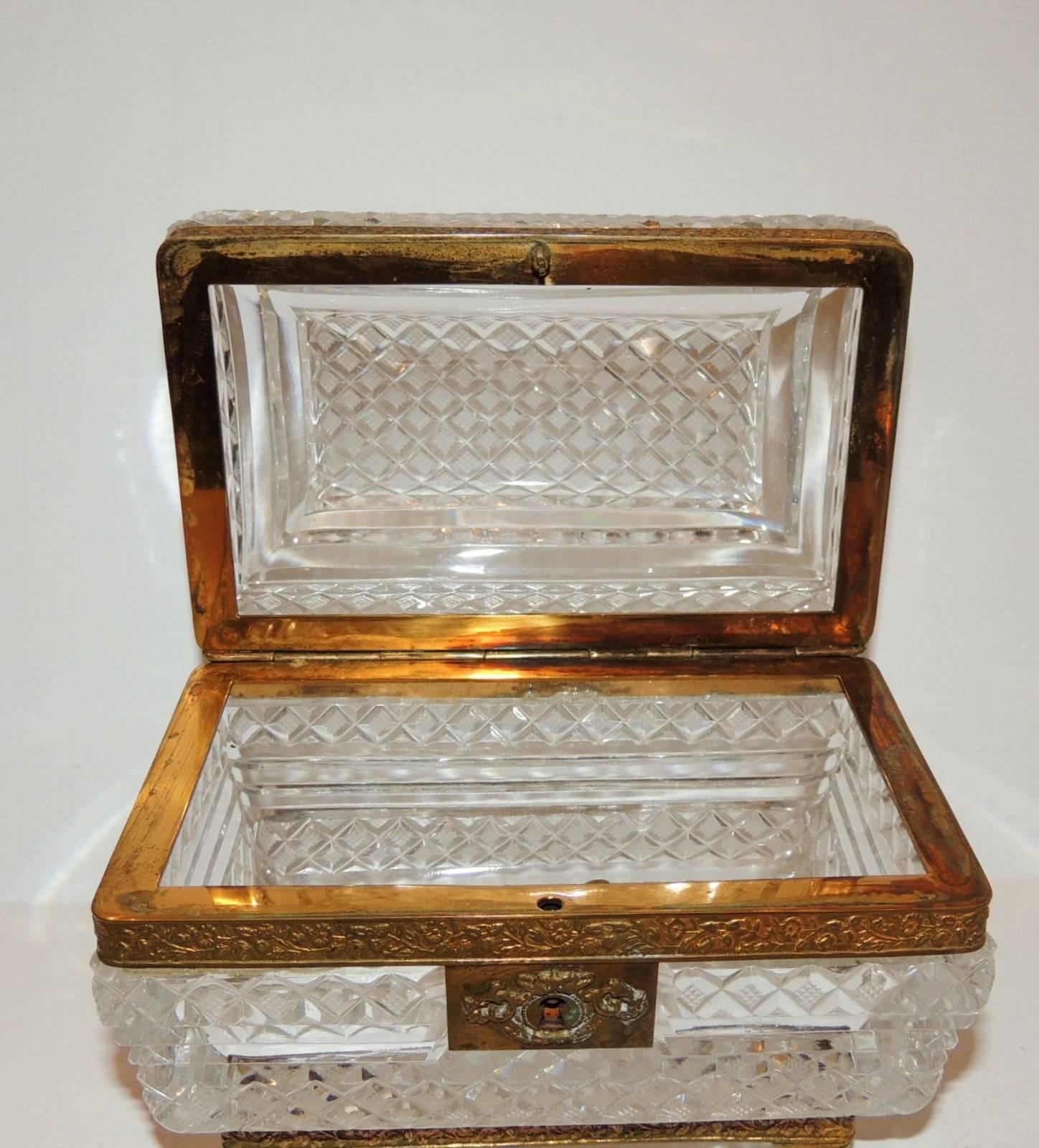 Mid-20th Century French Pair of Cut Crystal Bronze Ormolu Footed Mounted Casket Jewelry Box