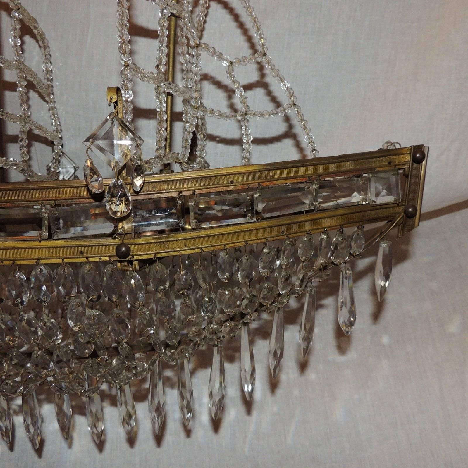 Italian Wonderful Beaded Crystal Bronze Sailboat Ship Boat Chandelier Five-Light Fixture