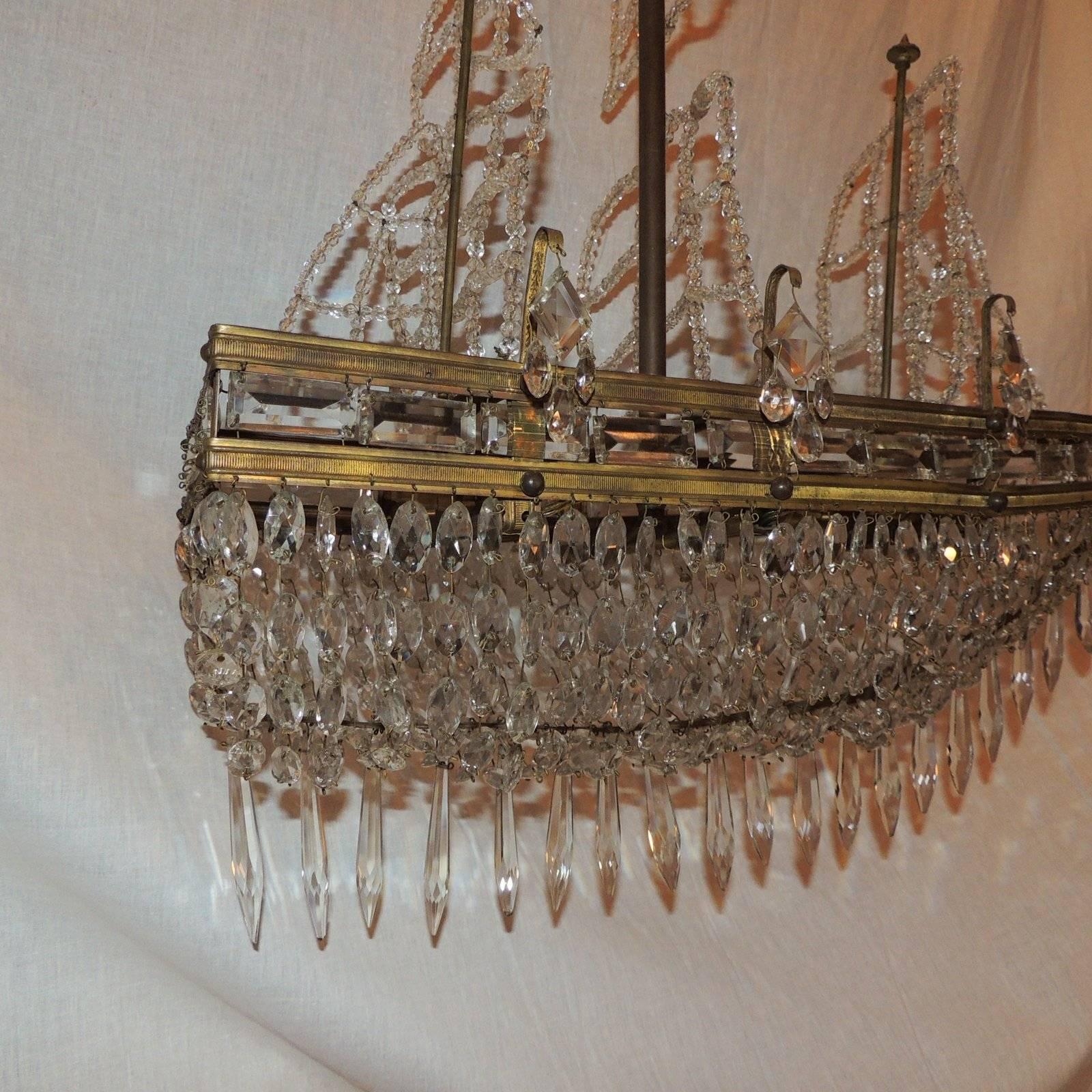 Wonderful Beaded Crystal Bronze Sailboat Ship Boat Chandelier Five-Light Fixture In Good Condition In Roslyn, NY