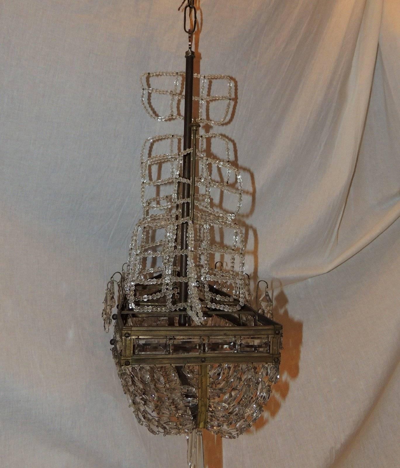 Mid-20th Century Wonderful Beaded Crystal Bronze Sailboat Ship Boat Chandelier Five-Light Fixture