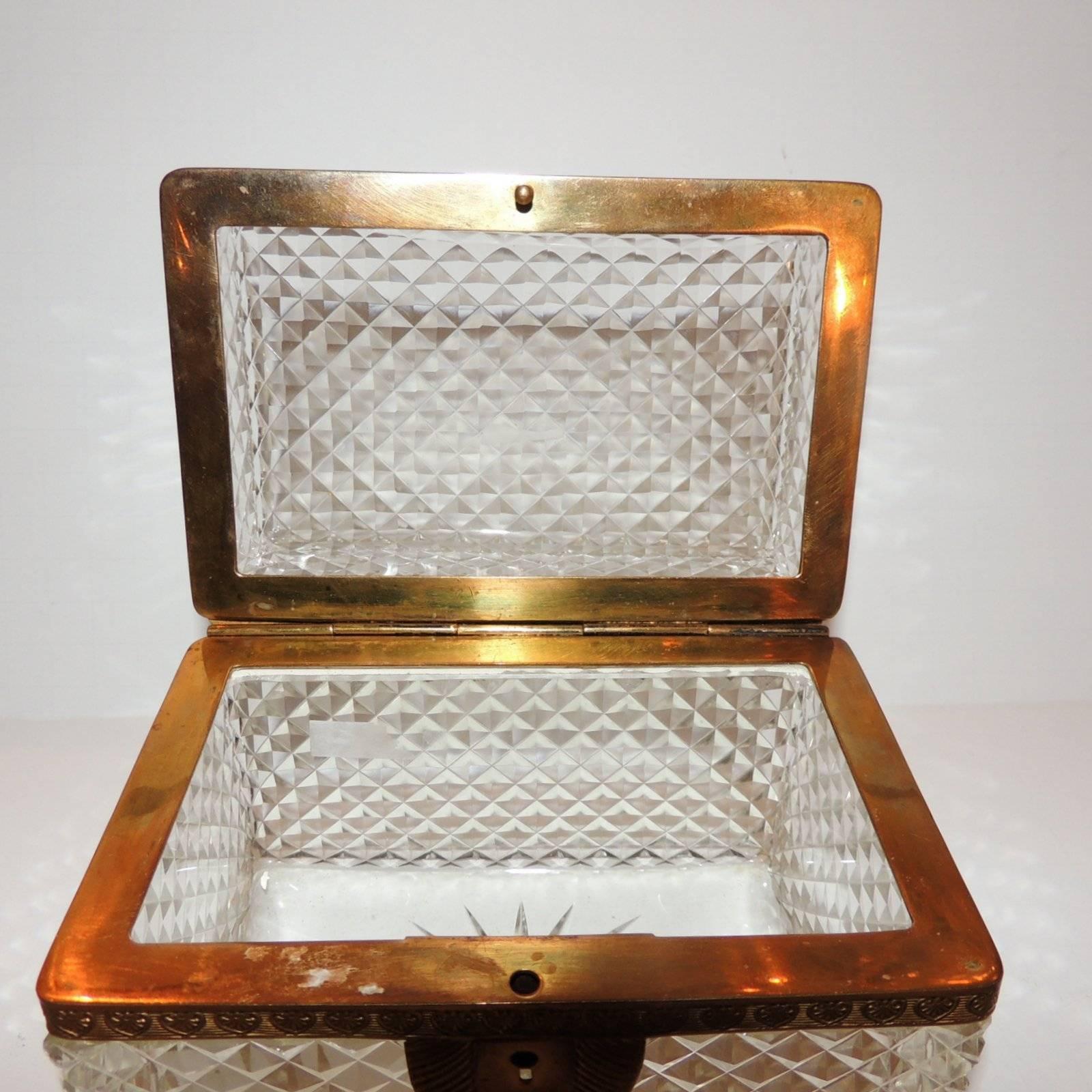 Wonderful French Diamond Cut Faceted Crystal Bronze Ormolu Casket Jewelry Box In Good Condition In Roslyn, NY
