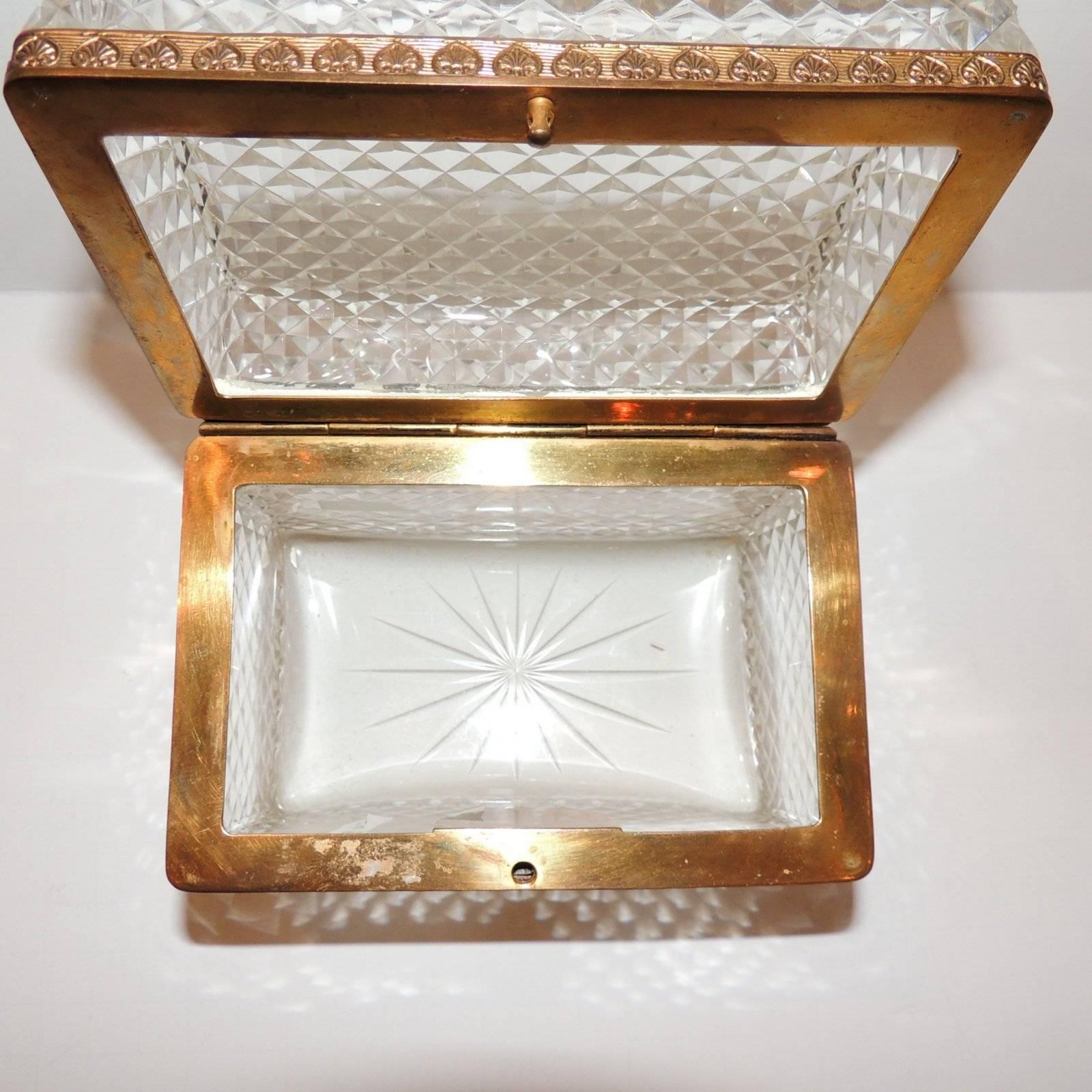 Mid-20th Century Wonderful French Diamond Cut Faceted Crystal Bronze Ormolu Casket Jewelry Box