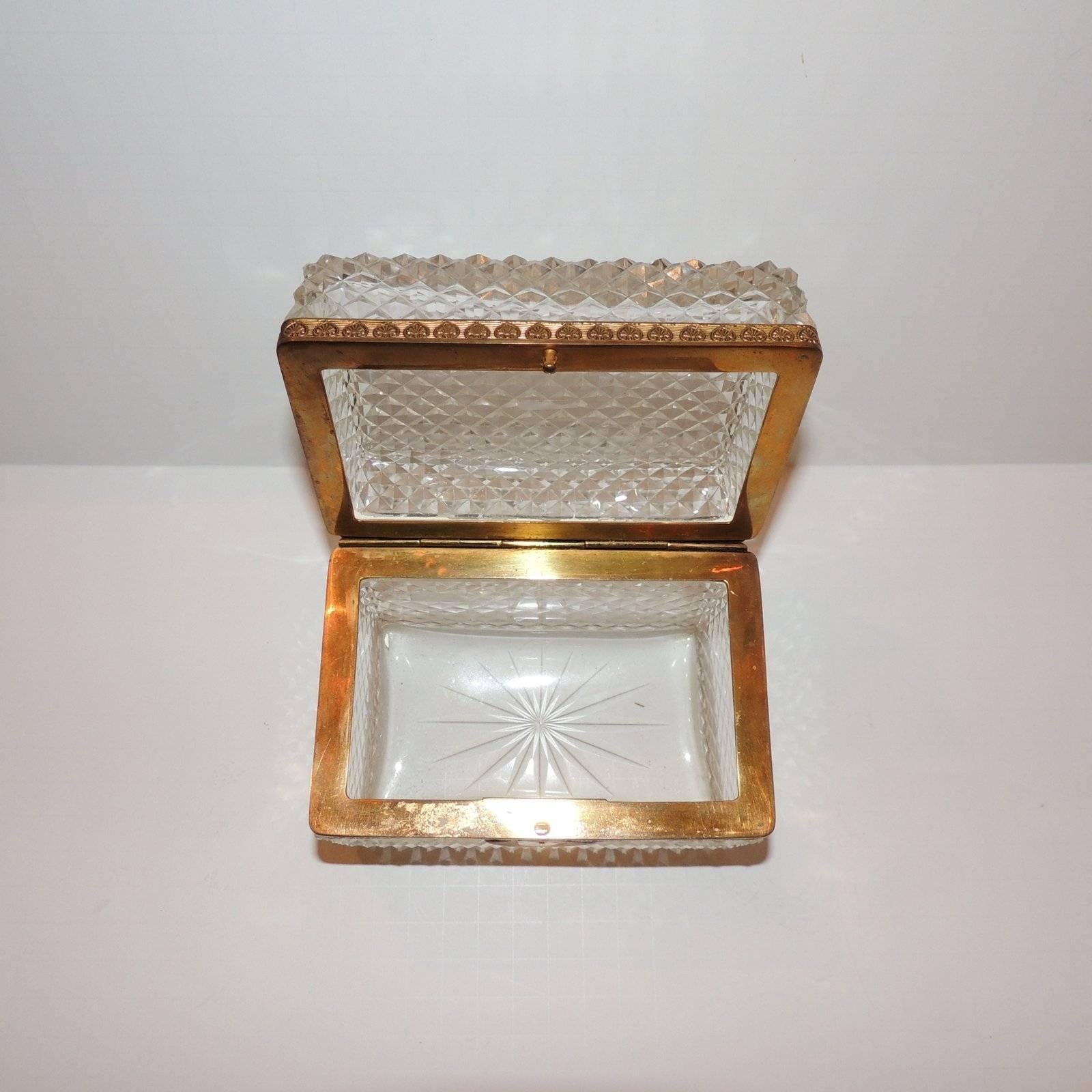 Wonderful French Diamond Cut Faceted Crystal Bronze Ormolu Casket Jewelry Box 1