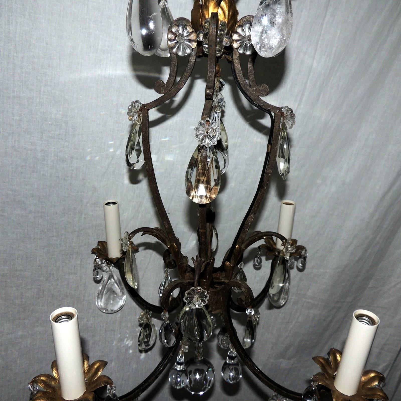 French Gilt Rock Crystal Four-Light Bagues Jansen Petit Chandelier Light Fixture In Good Condition In Roslyn, NY