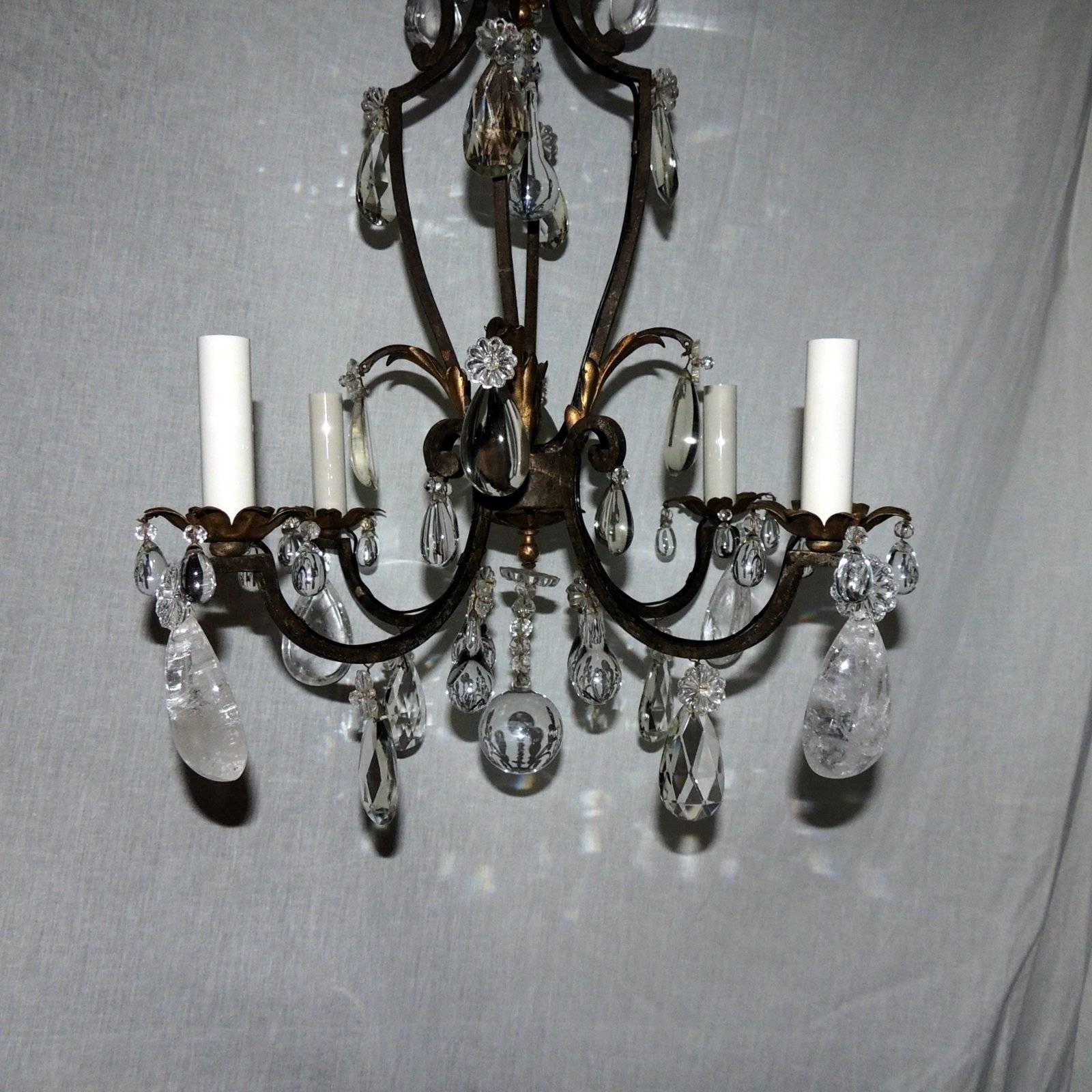 Mid-20th Century French Gilt Rock Crystal Four-Light Bagues Jansen Petit Chandelier Light Fixture