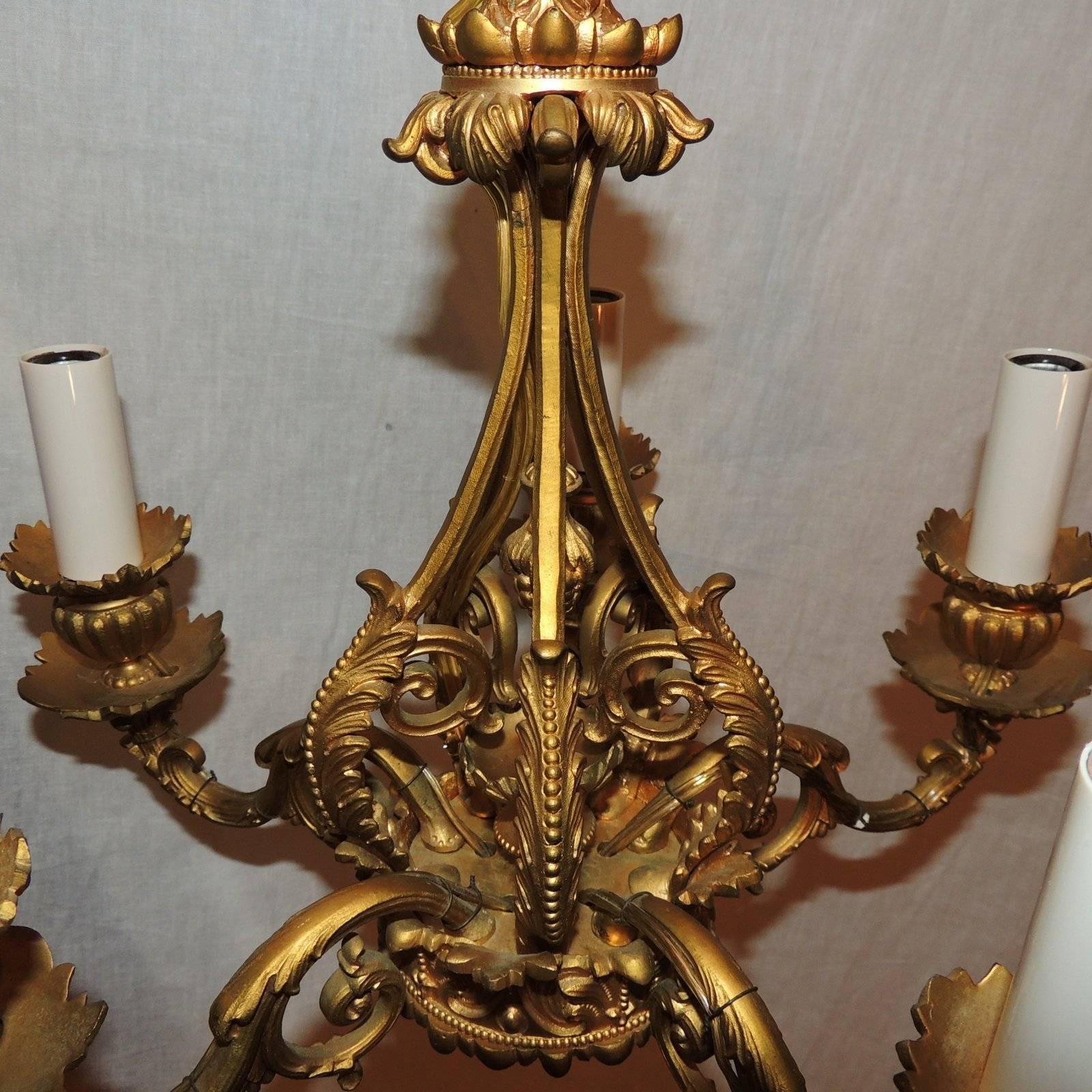 Mid-20th Century Wonderful Pair French Louis XVI Gilt Bronze Petite Five-Arm Chandeliers Fixtures