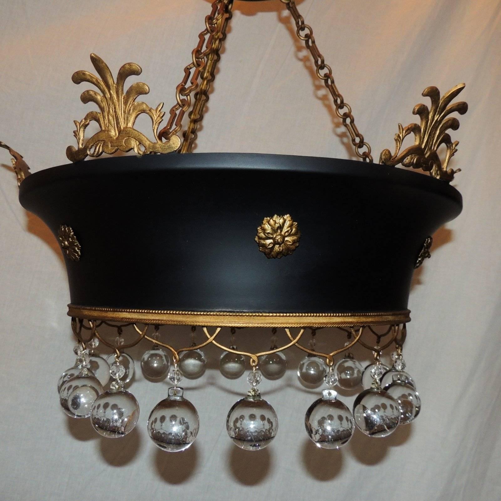 Mid-20th Century French Empire Doré Bronze Tole Basket Frosted Neoclassical Chandelier Fixture