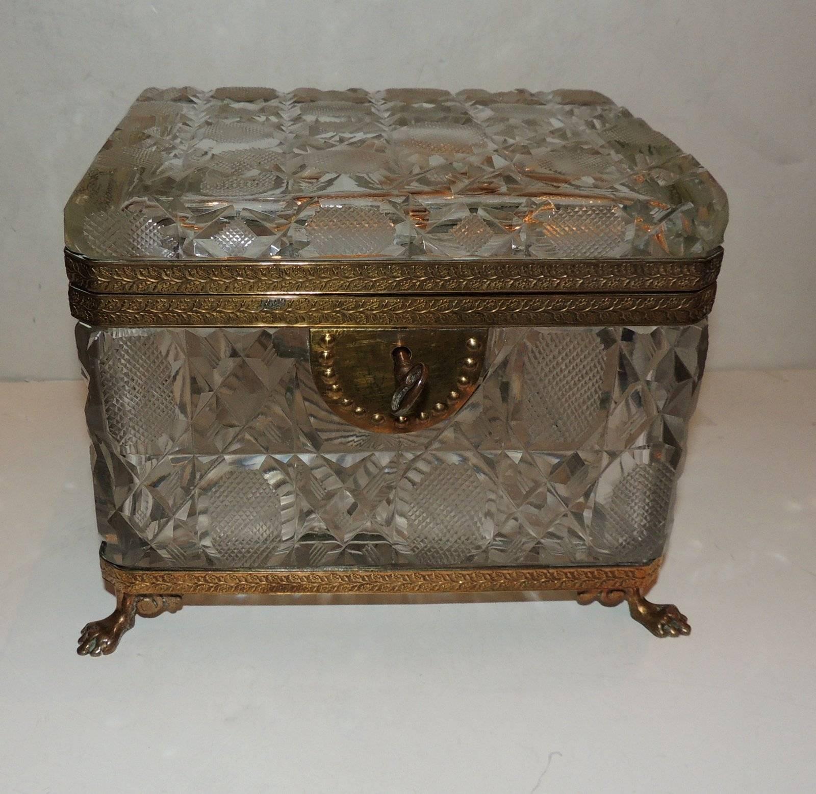 Etched French Faceted Cut Crystal Bronze Ormolu-Mounted Casket Jewelry Box