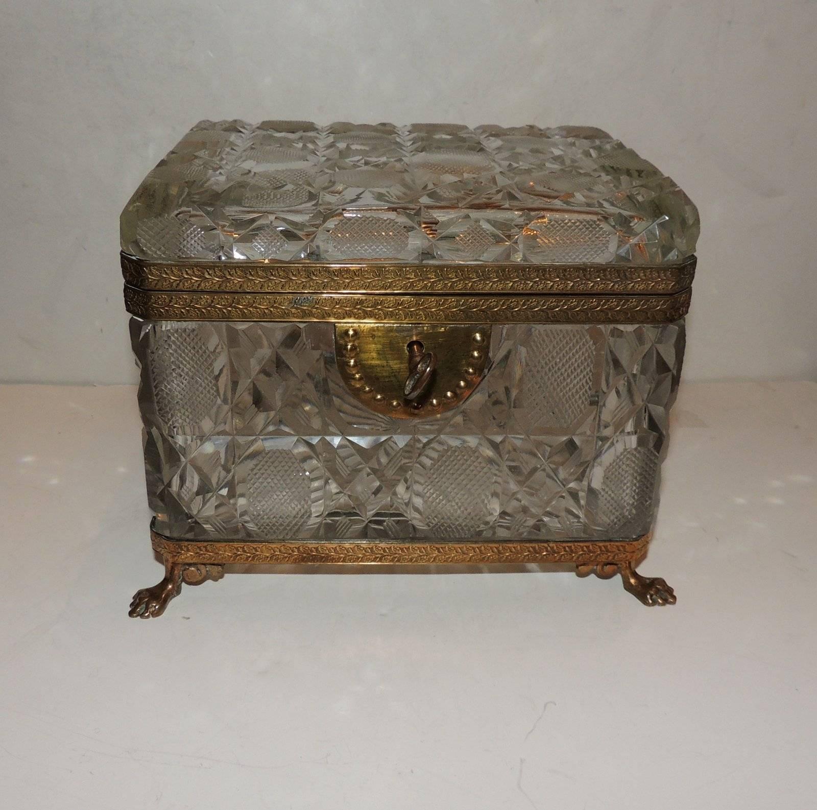 French Faceted Cut Crystal Bronze Ormolu-Mounted Casket Jewelry Box In Good Condition In Roslyn, NY
