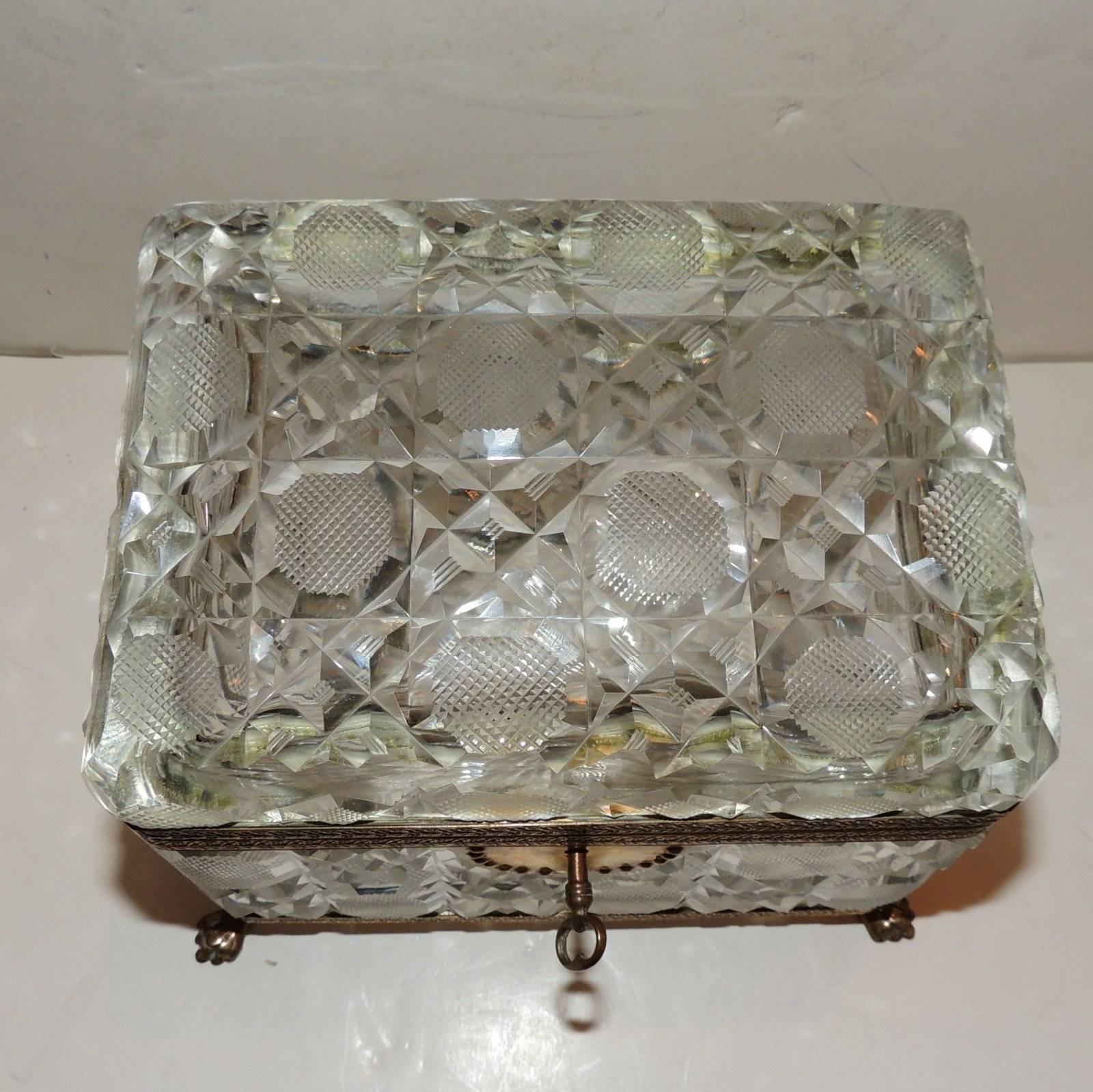 French Faceted Cut Crystal Bronze Ormolu-Mounted Casket Jewelry Box 1