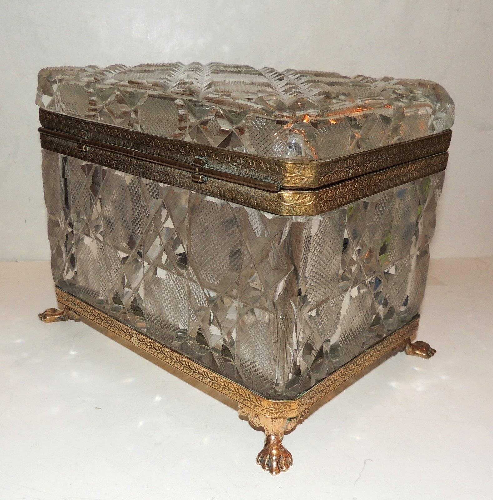 French Faceted Cut Crystal Bronze Ormolu-Mounted Casket Jewelry Box 4