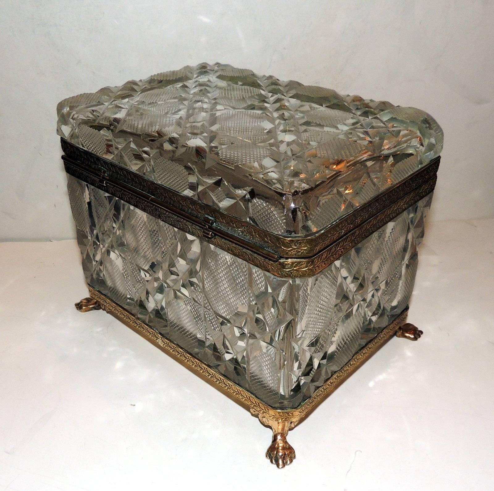 French Faceted Cut Crystal Bronze Ormolu-Mounted Casket Jewelry Box 5