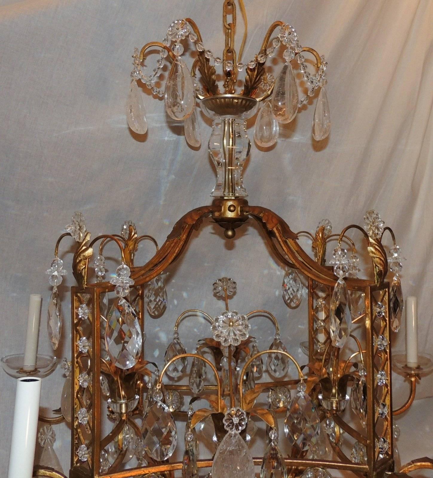 Faceted French Louis XVI Baguès Rock Crystal Eight-Light Square Mid-Century Chandelier