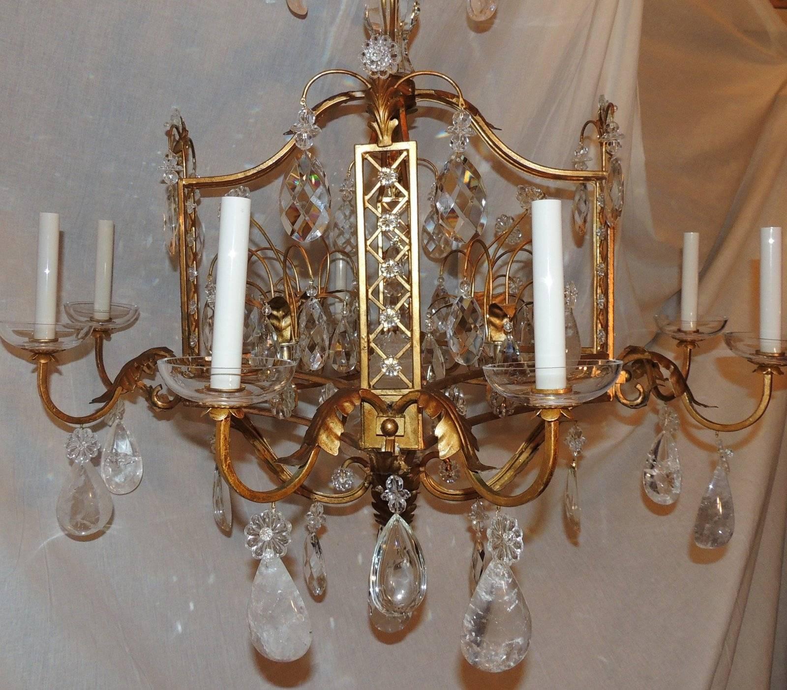 French Louis XVI Baguès Rock Crystal Eight-Light Square Mid-Century Chandelier 1