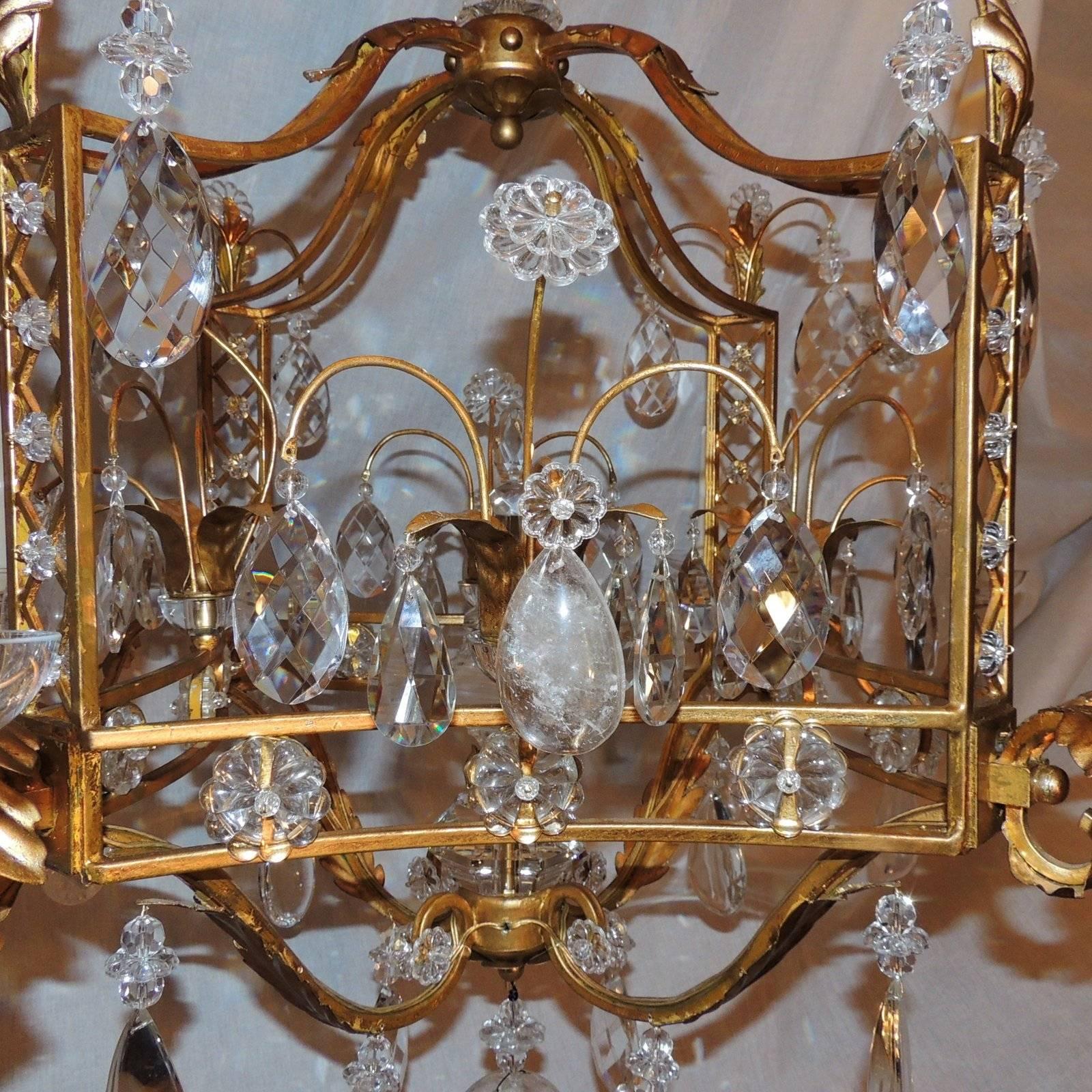 French Louis XVI Baguès Rock Crystal Eight-Light Square Mid-Century Chandelier 2