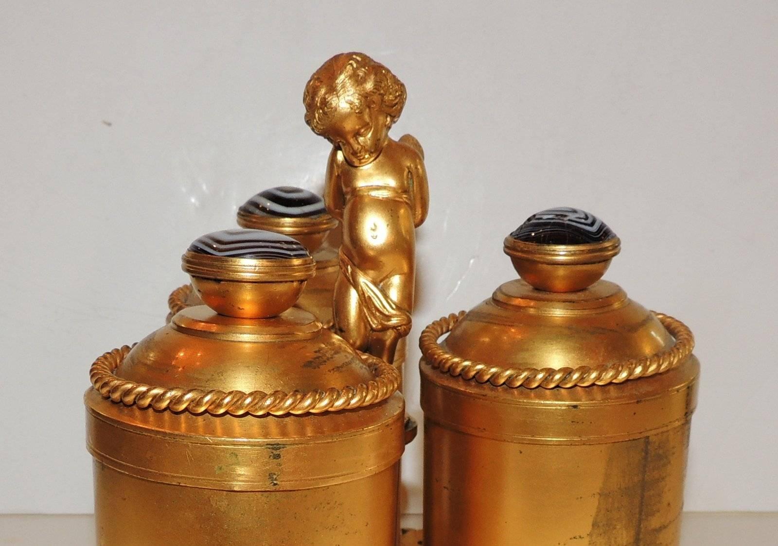 Belle Époque 19th Century Victorian Doré Bronze Agate Perfume Three Crystal Bottle Vanity Set
