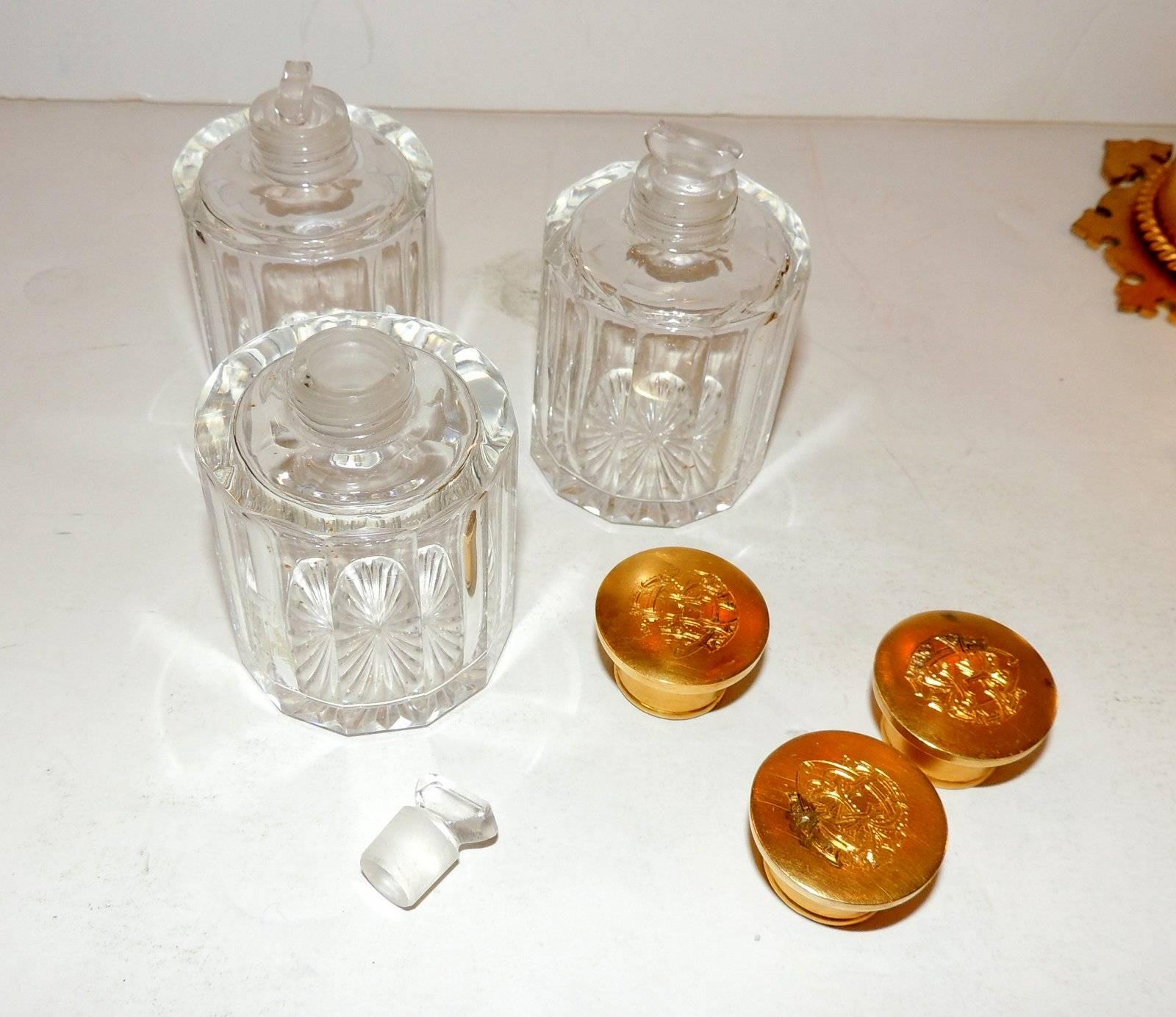 Late 19th Century 19th Century Victorian Doré Bronze Agate Perfume Three Crystal Bottle Vanity Set