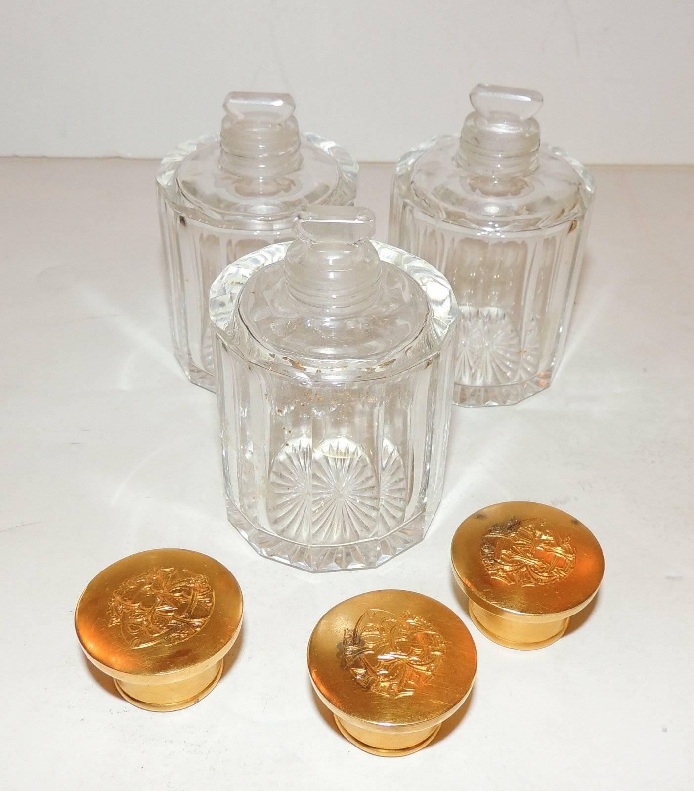 19th Century Victorian Doré Bronze Agate Perfume Three Crystal Bottle Vanity Set 1