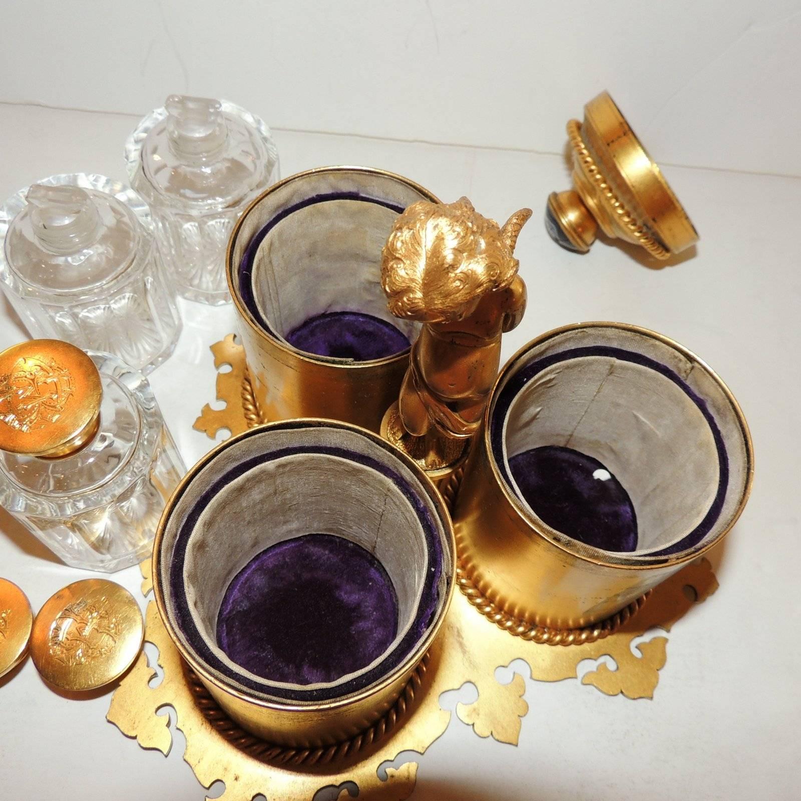19th Century Victorian Doré Bronze Agate Perfume Three Crystal Bottle Vanity Set 2