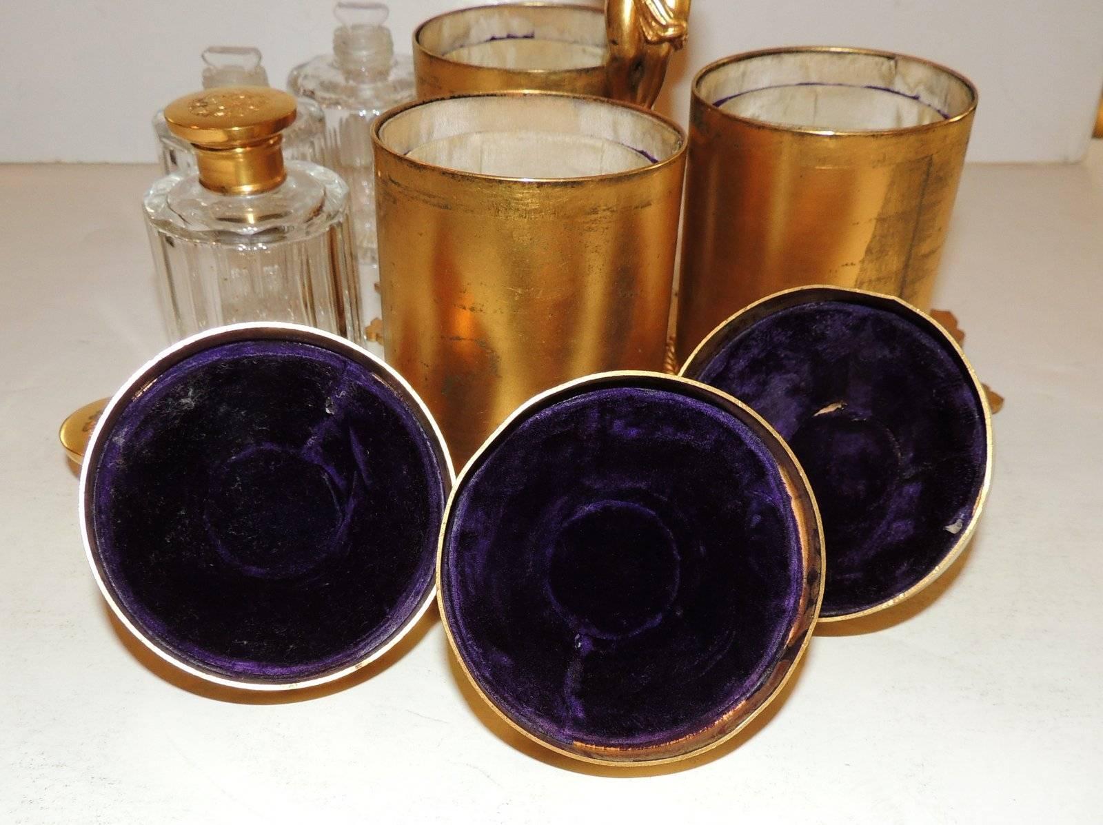 19th Century Victorian Doré Bronze Agate Perfume Three Crystal Bottle Vanity Set 3