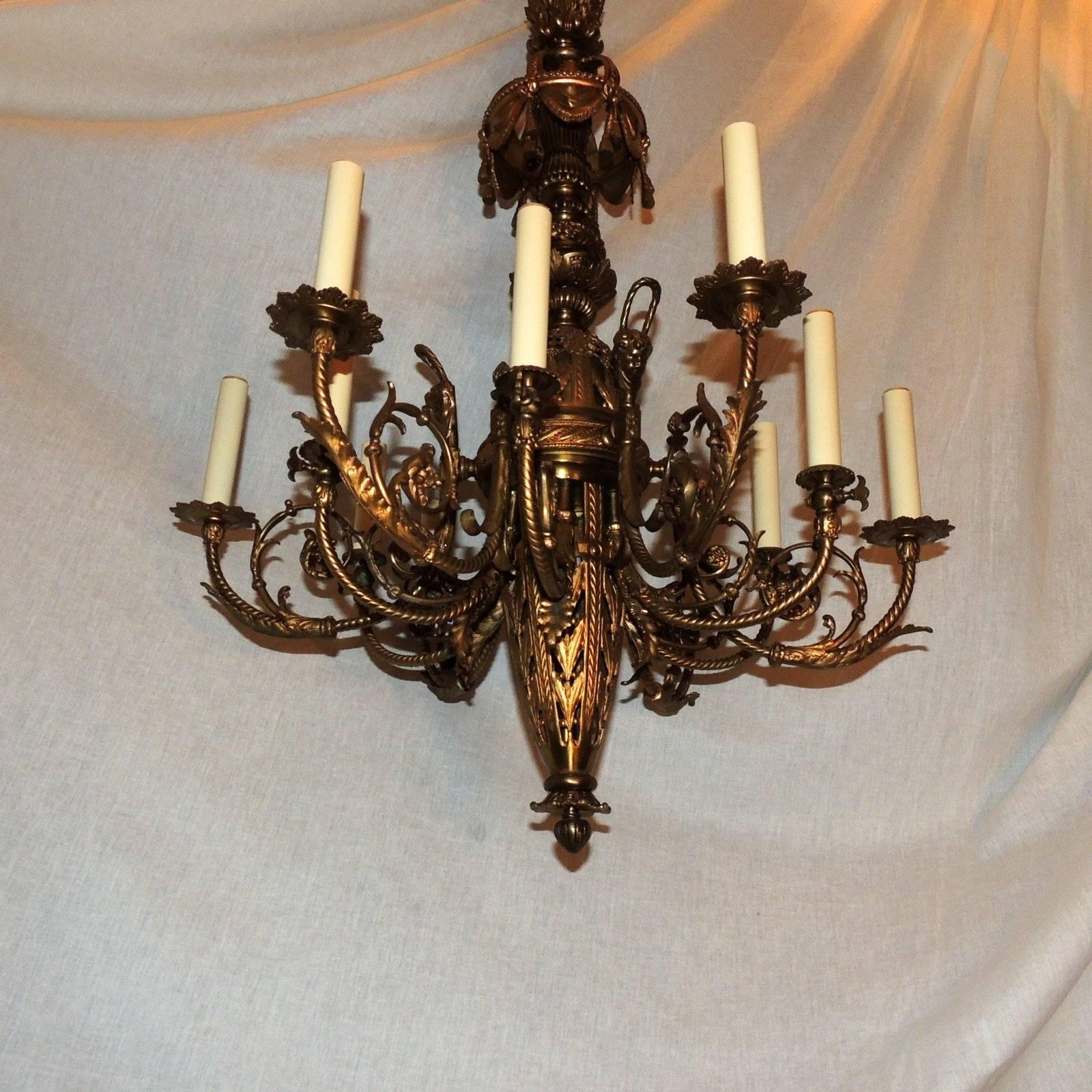 French Empire Neoclassical Doré Bronze Twelve-Light Tassel Chandelier Fixture For Sale 2