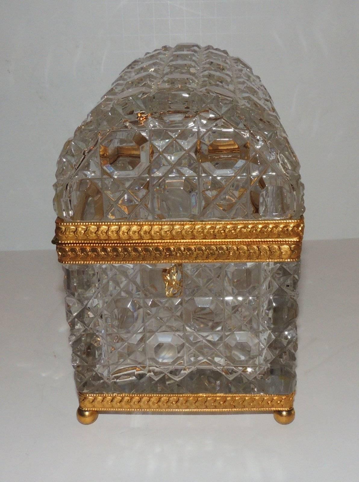 Etched French Ormolu Faceted Cut Crystal Dome Ormolu Wreath Bow Box Casket Jewelry Case