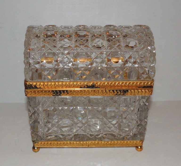 French Ormolu Faceted Cut Crystal Dome Ormolu Wreath Bow Box Casket