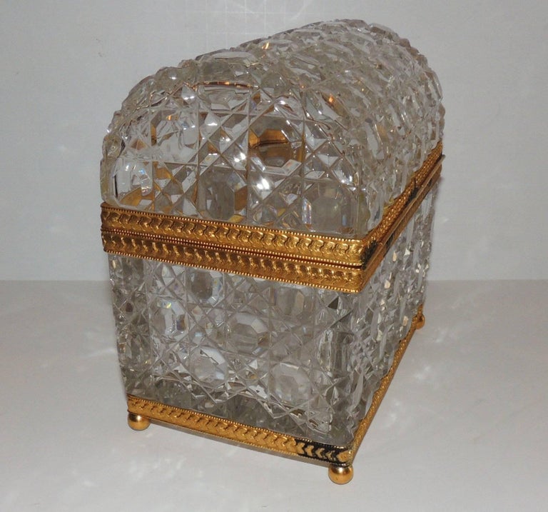 French Ormolu Faceted Cut Crystal Dome Ormolu Wreath Bow Box Casket