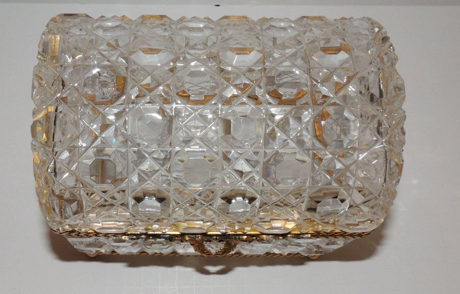 Belle Époque French Ormolu Faceted Cut Crystal Dome Ormolu Wreath Bow Box Casket Jewelry Case