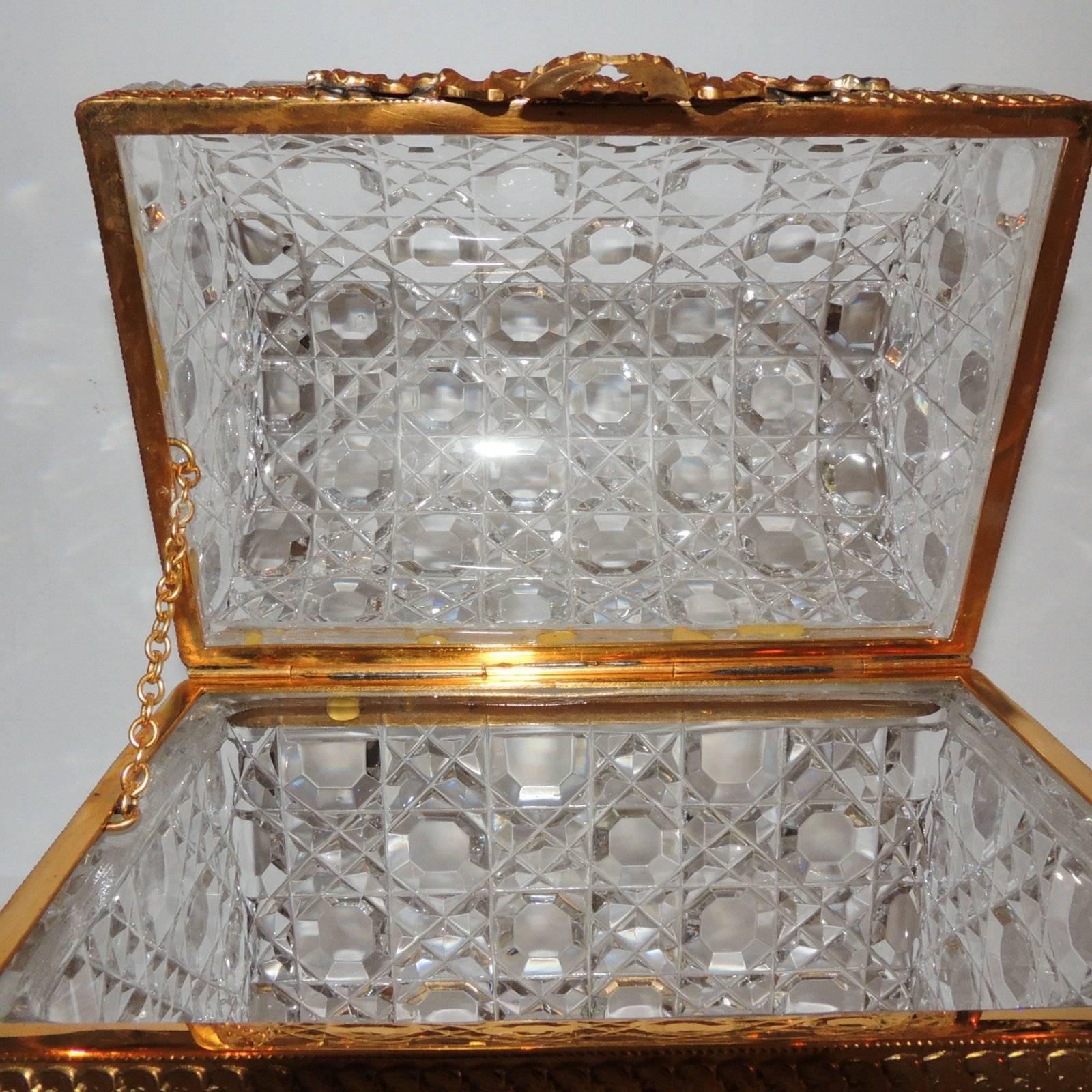 Bronze French Ormolu Faceted Cut Crystal Dome Ormolu Wreath Bow Box Casket Jewelry Case