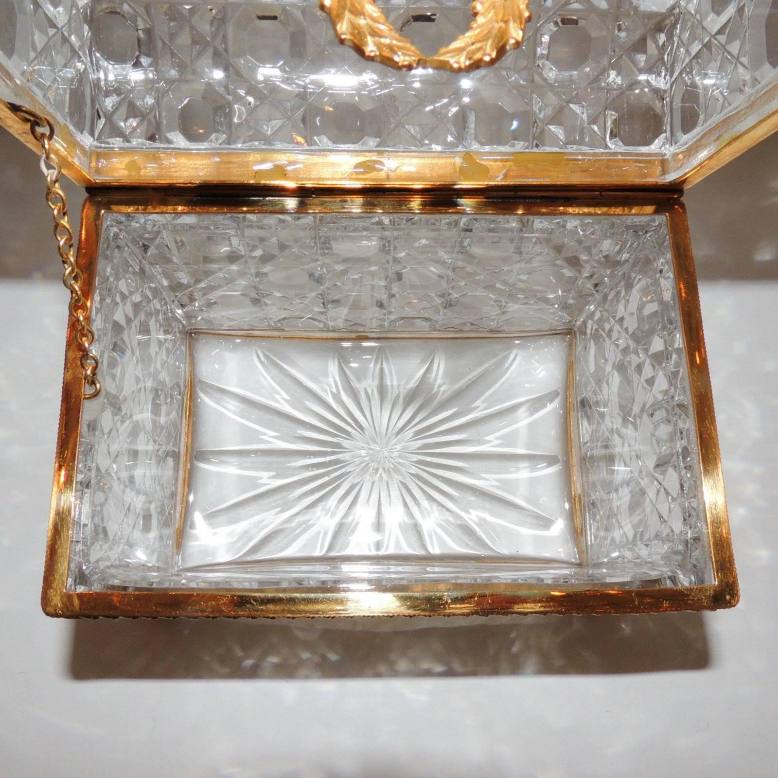 French Ormolu Faceted Cut Crystal Dome Ormolu Wreath Bow Box Casket Jewelry Case 1