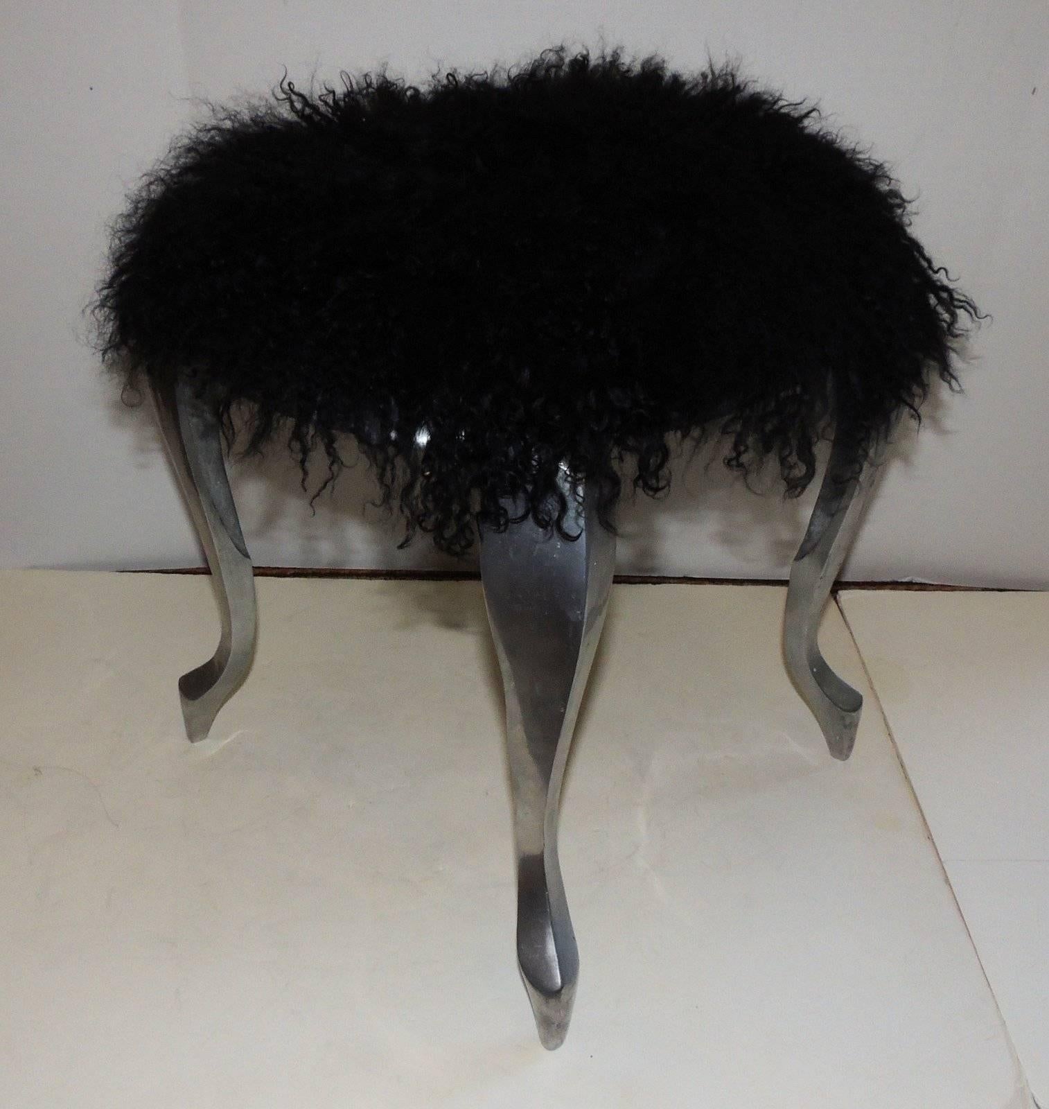 Mid-Century Modern Pair of Steel Shag Black Faux Lambs Fur Footstools Benches In Good Condition In Roslyn, NY