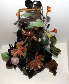 Chinese Bronze Jade Soapstone Fruit Floral Cloisonné Basket Centerpiece Bouquet