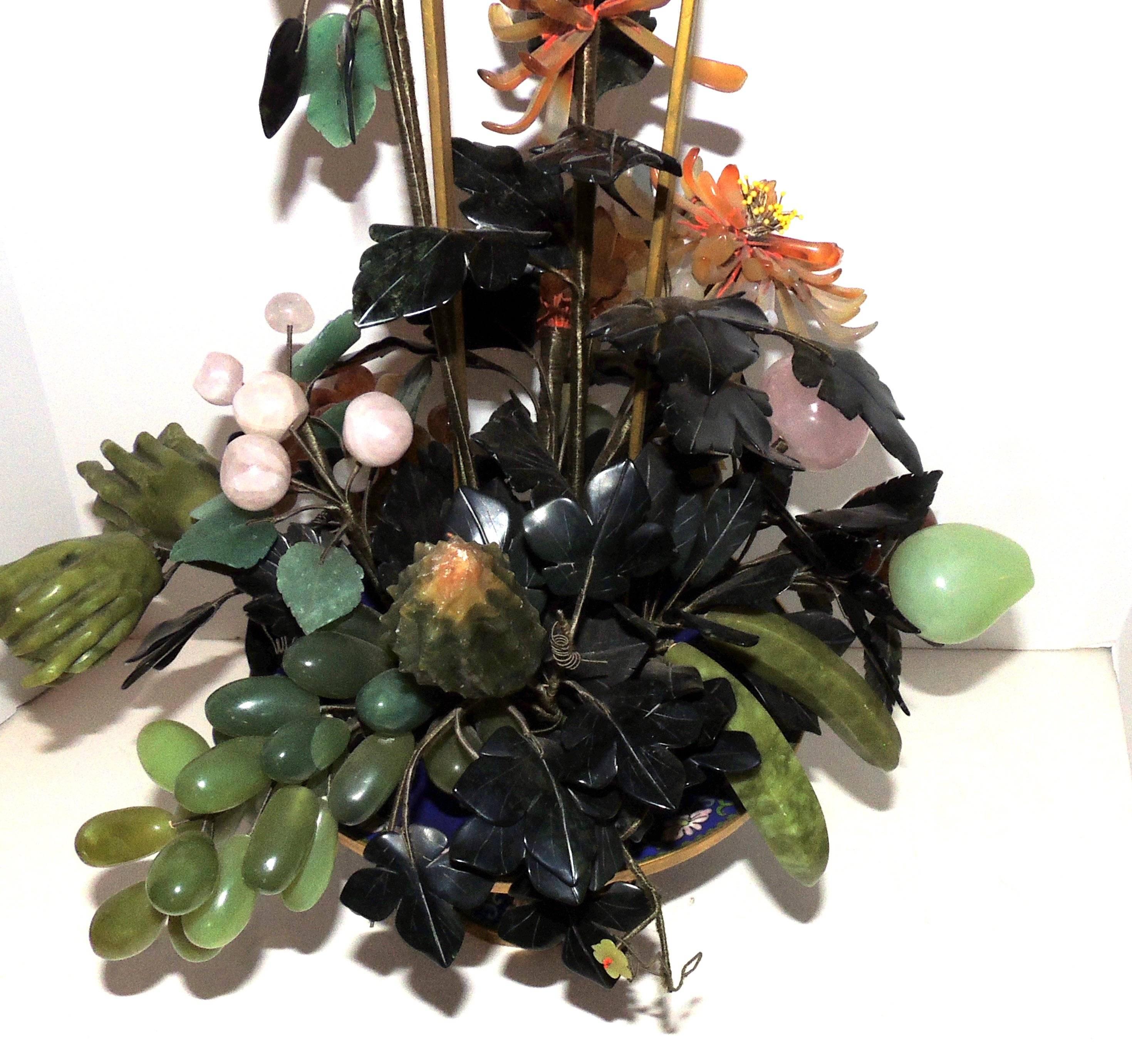 Chinese Bronze Jade Soapstone Fruit Floral Cloisonné Basket Centerpiece Bouquet In Good Condition In Roslyn, NY