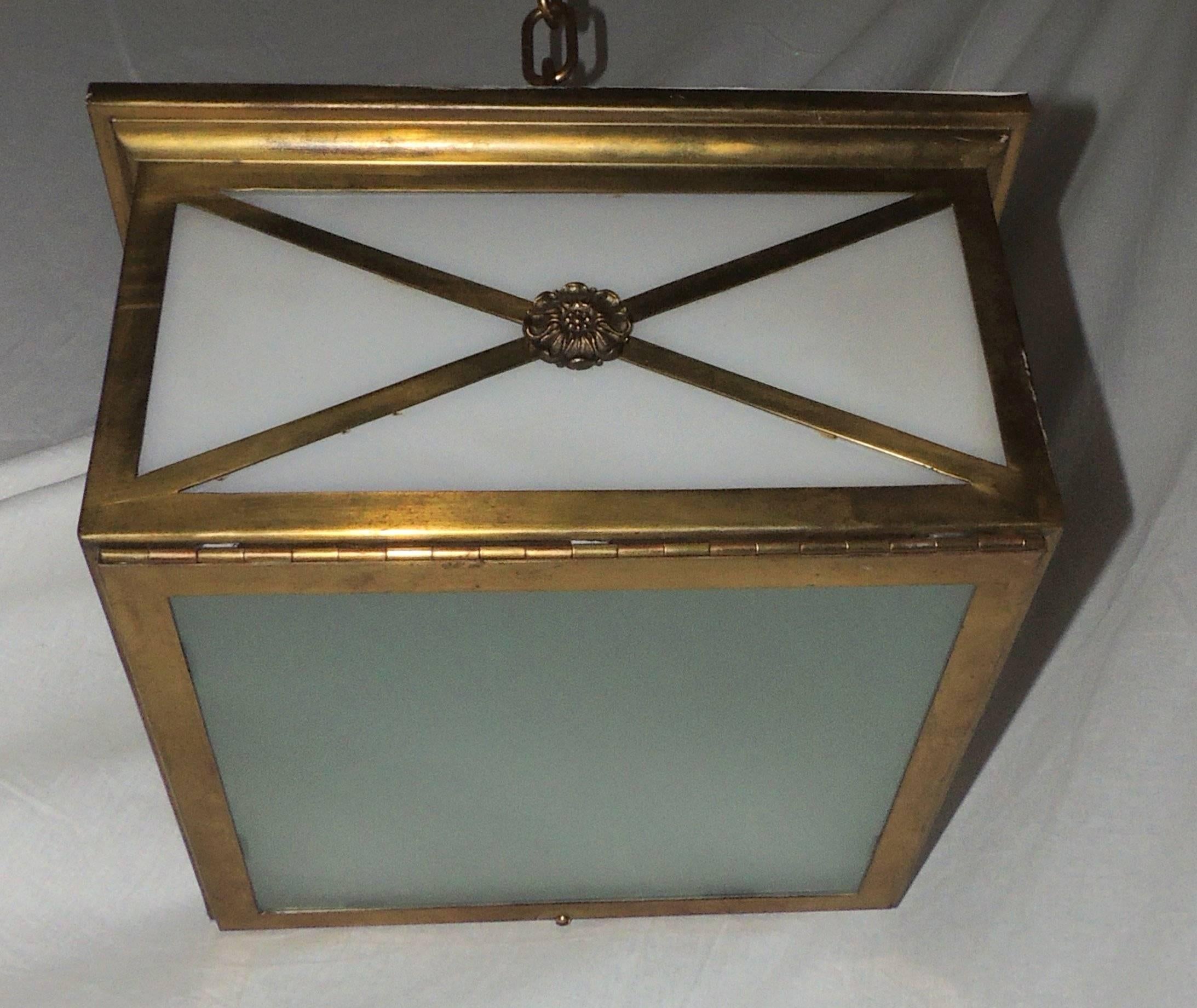 Vintage Neoclassical Bronze Frosted Glass Rosette Flush Mount Fixture Pendent In Good Condition In Roslyn, NY