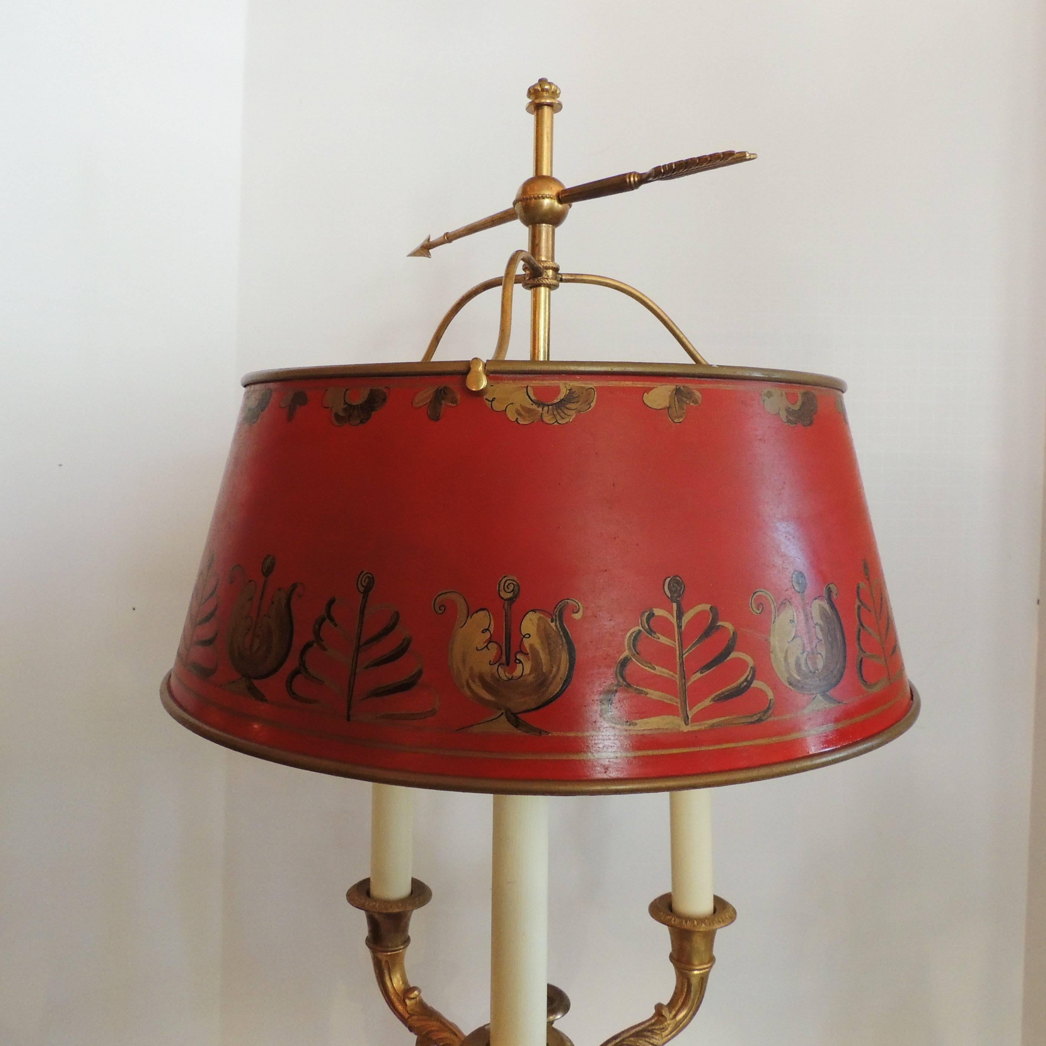 Hand-Painted Pair of French Bronze Neoclassical Bouillotte Three Light Lamps Red Tôle Shades