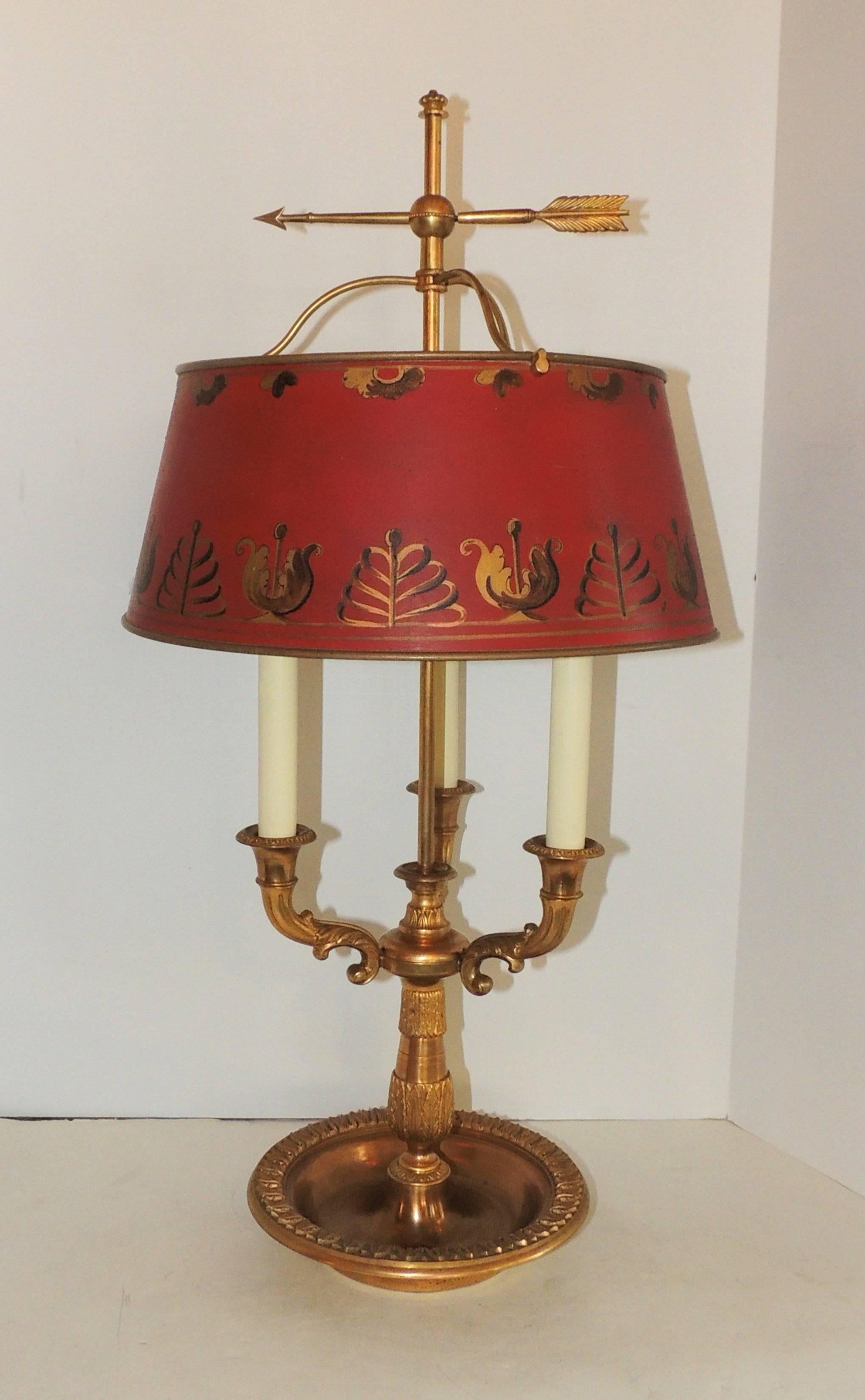 Pair of French Bronze Neoclassical Bouillotte Three Light Lamps Red Tôle Shades 1